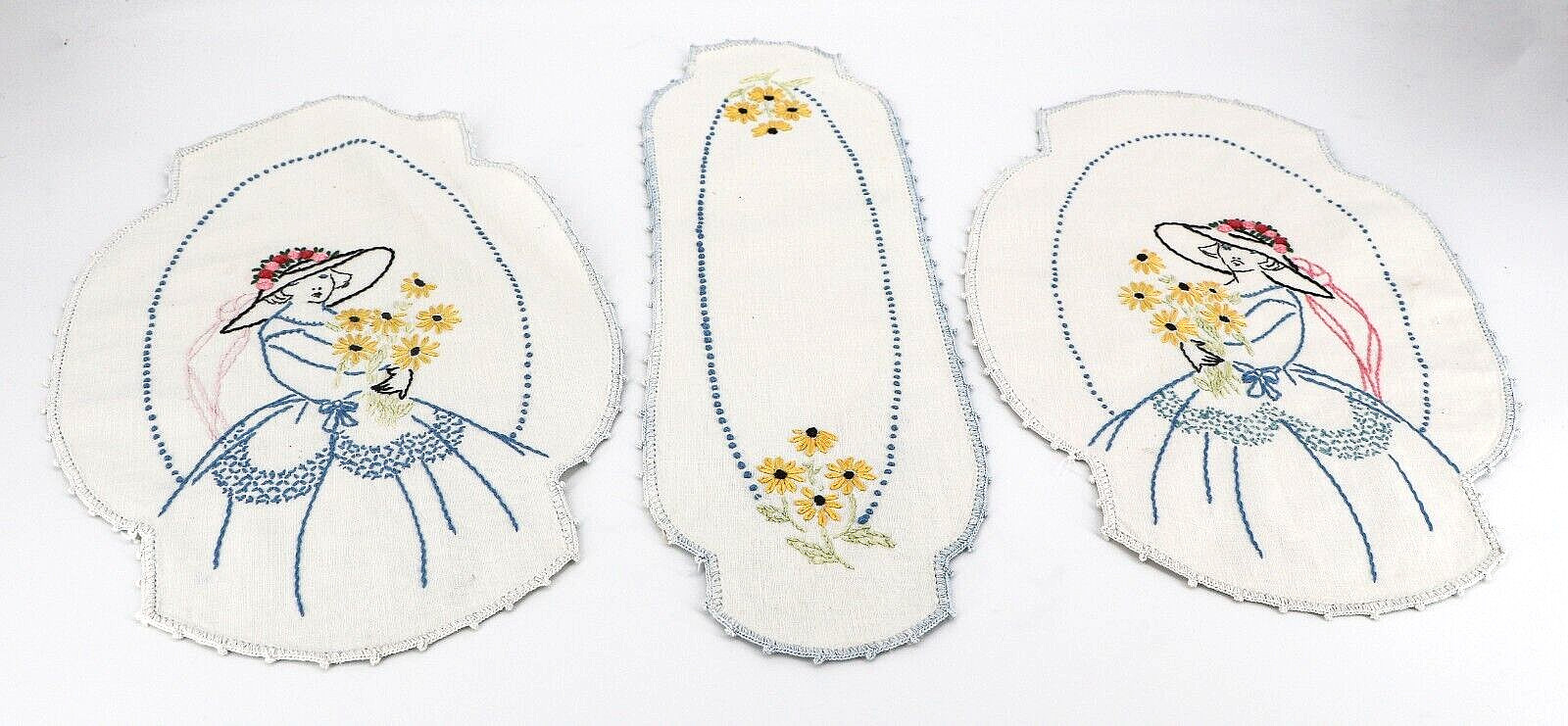 Vintage Handwork Embroidered Panels Ladies with Daisies set of 3