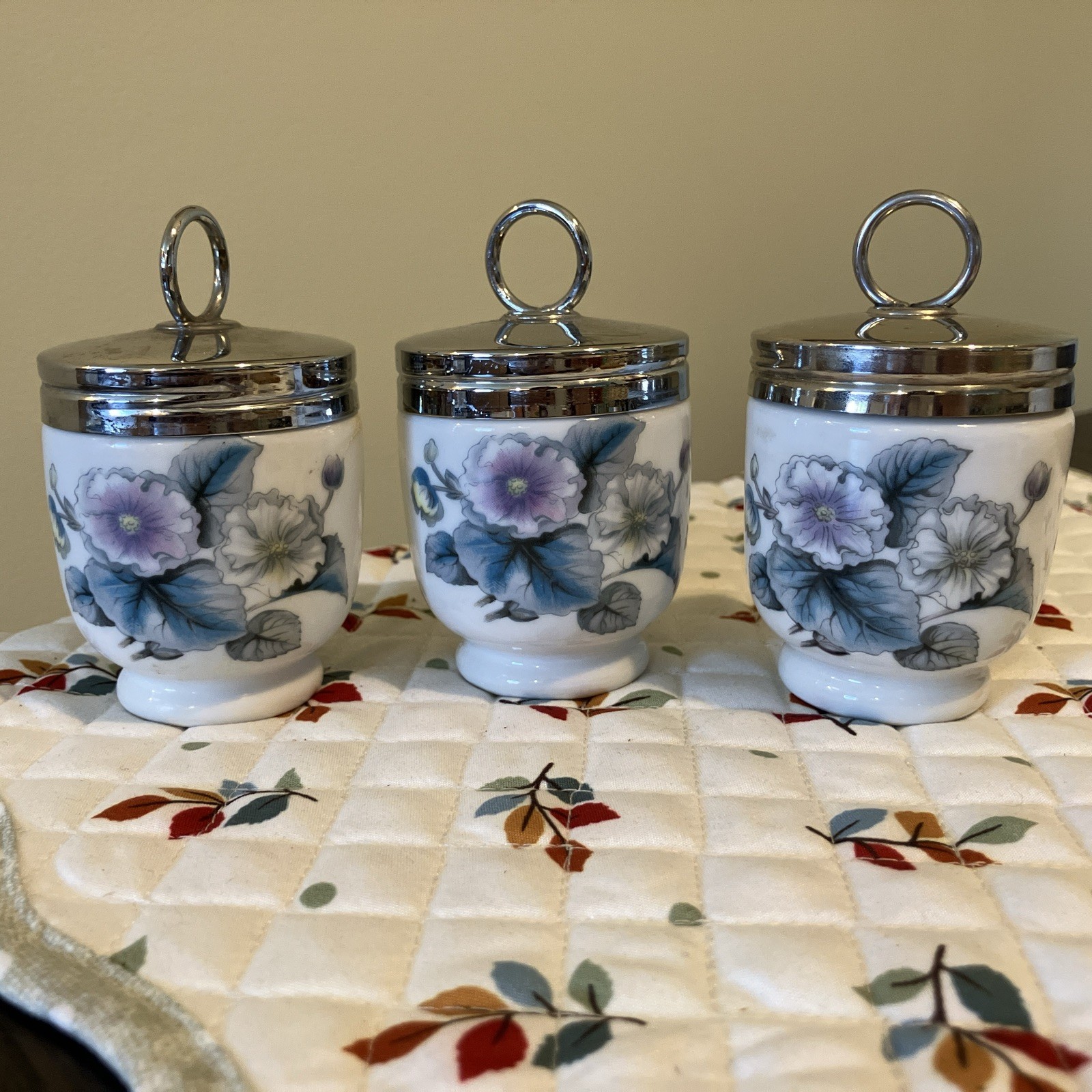 Royal Worcester Porcelain Egg Coddlers Set of 3 Floral Chrome Lids 3.5”