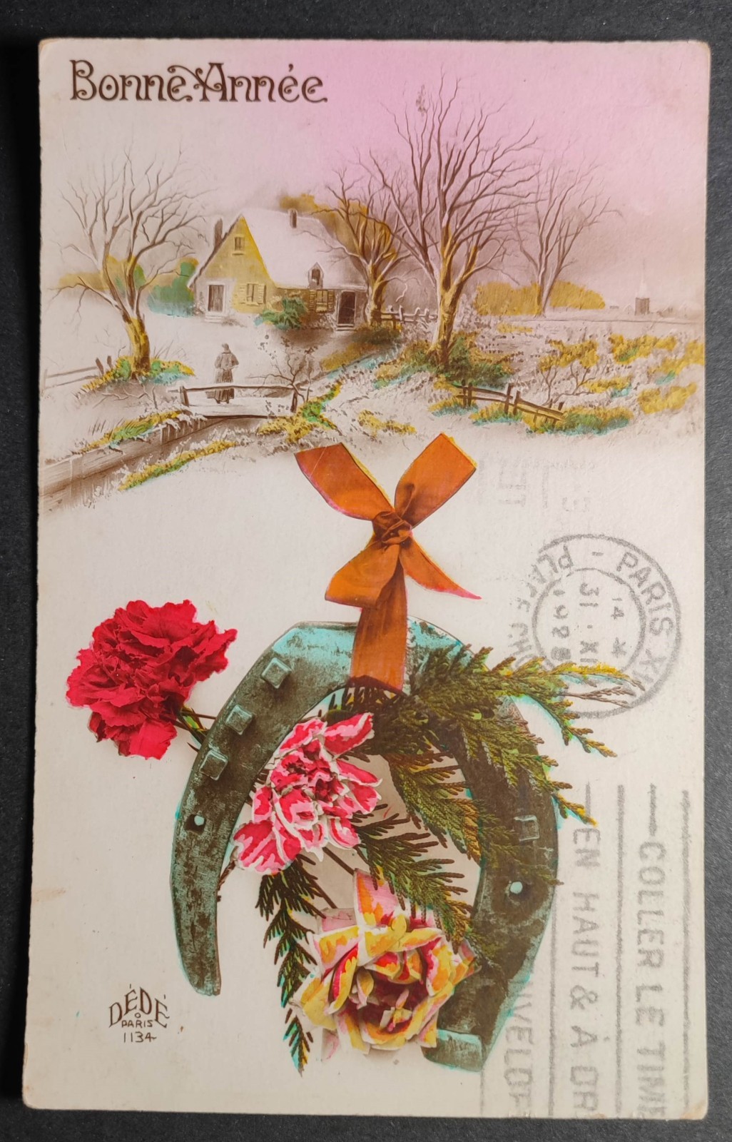 Postcard Cpa France Happy New Year House Snow Flowers Old Card 0041