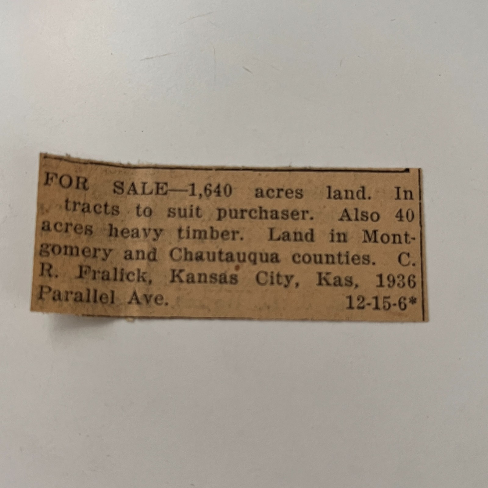 1640 Acres Land CR Fralick Kansas City KS 1916 Independence KS Clipping TAJ5-S29 1640 Acres Land CR Fralick Kansas City KS 1916 Independence KS Clipping TAJ5-S29