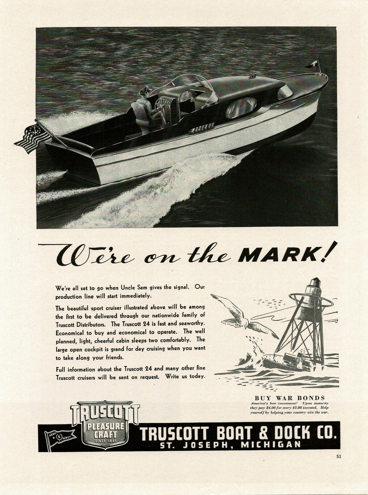 1945 TRUSCOTT BOAT & DOCK Truscott 24 sport cruiser Vintage Print Ad 2