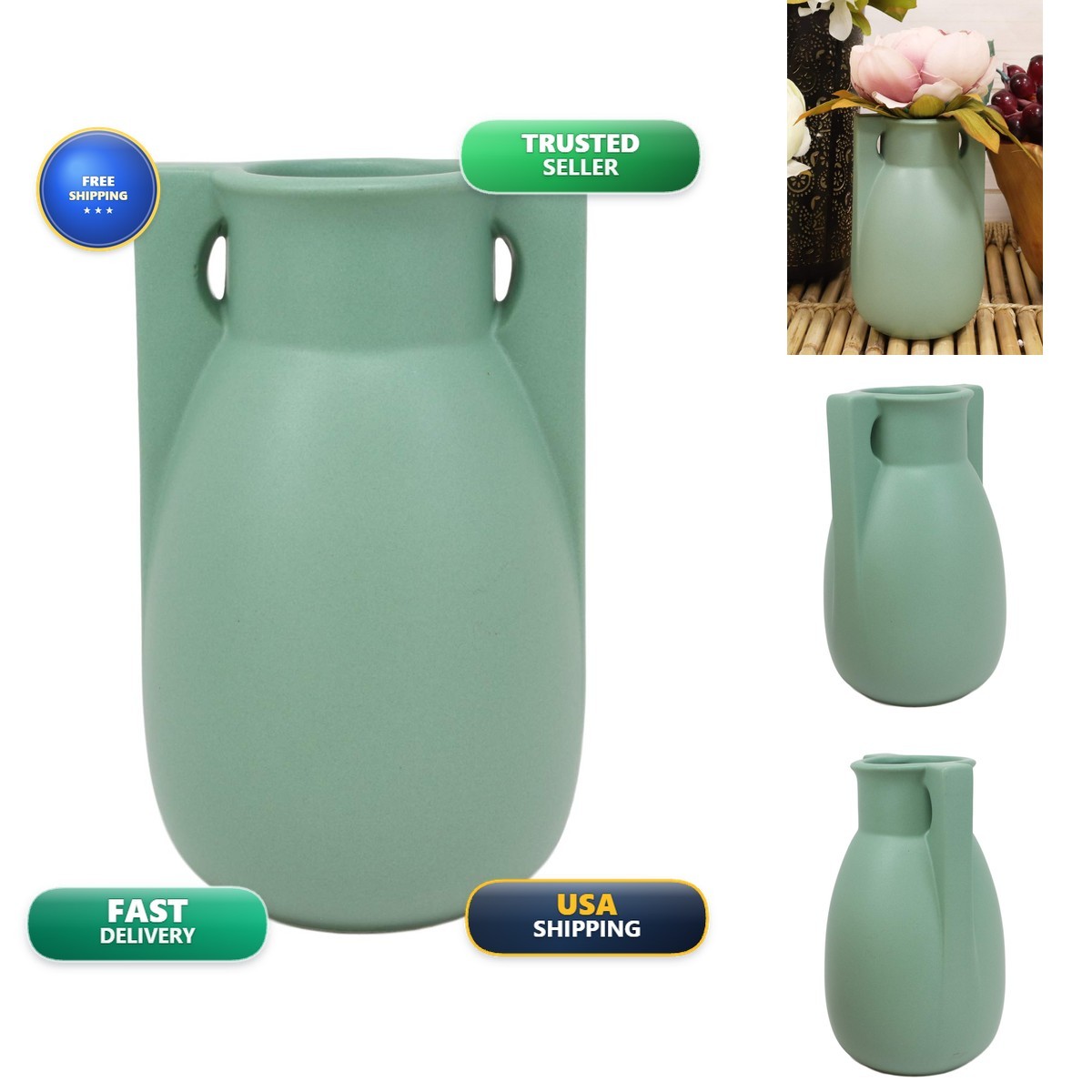 Ebros Gift Teco Art Pottery Vase Buttress 2 - Green Ebros Gift Teco Art Pottery Vase Buttress 2 - Green