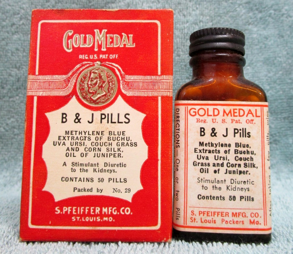 VINTAGE NOS GOLD MEDAL B & J DIURETIC KIDNEY PILLS BOTTLE PFEIFFER ST. LOUIS MO.