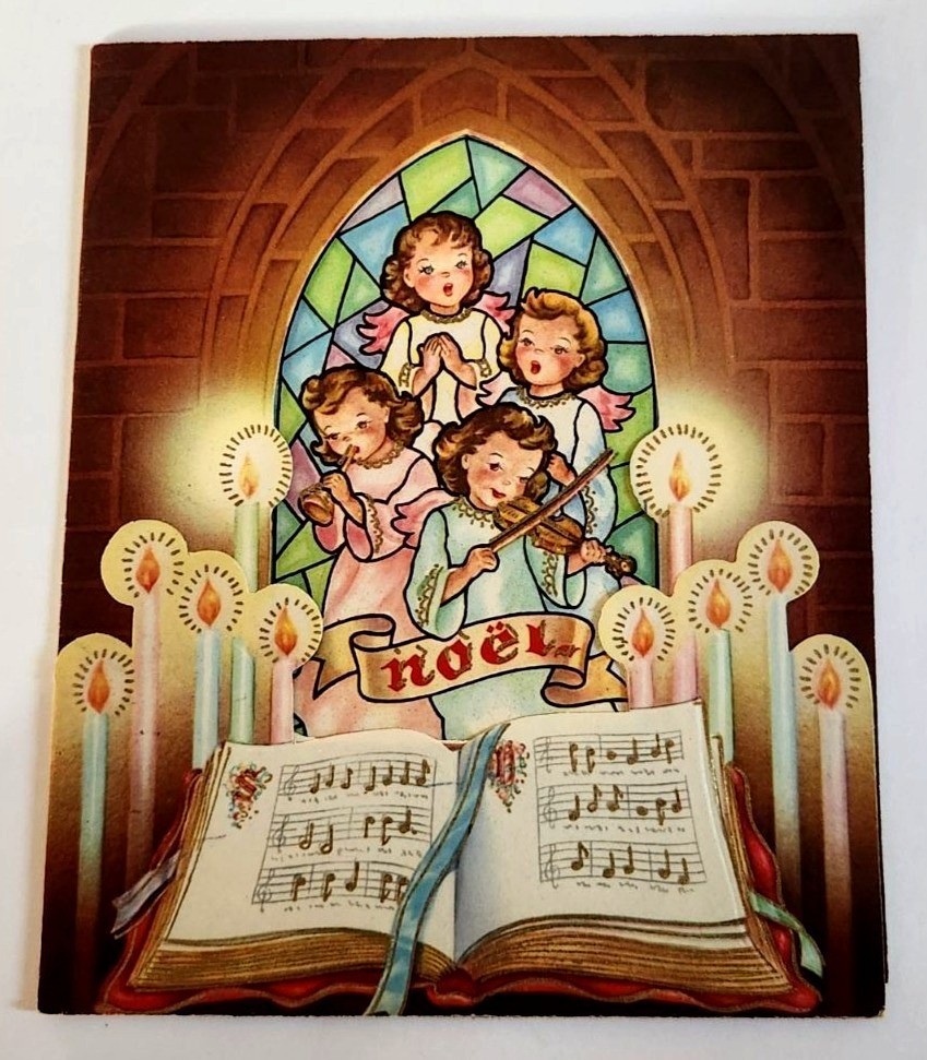 Vintage 1940s Christmas Card Angel Choir Noel Stained Glass Die Cut Church (USED Vintage 1940s Christmas Card Angel Choir Noel Stained Glass Die Cut Church (USED