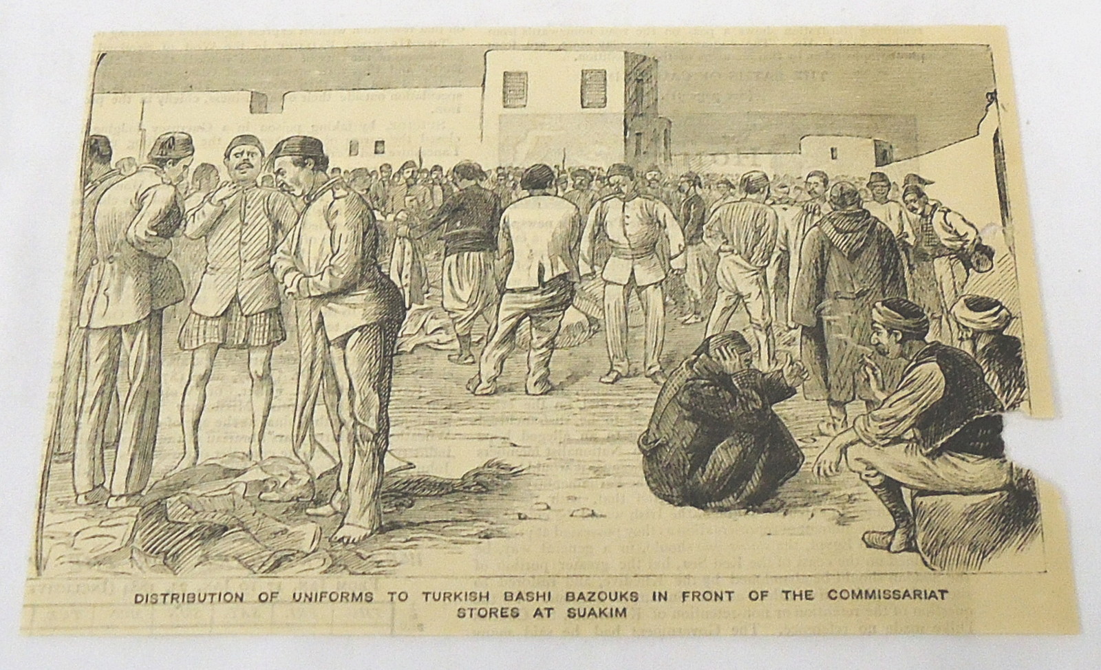 1884 magazine engraving~ DISTRIBUTION OF UNIFORMS, TURKISH BASHI BAZOUKS ~ Sudan