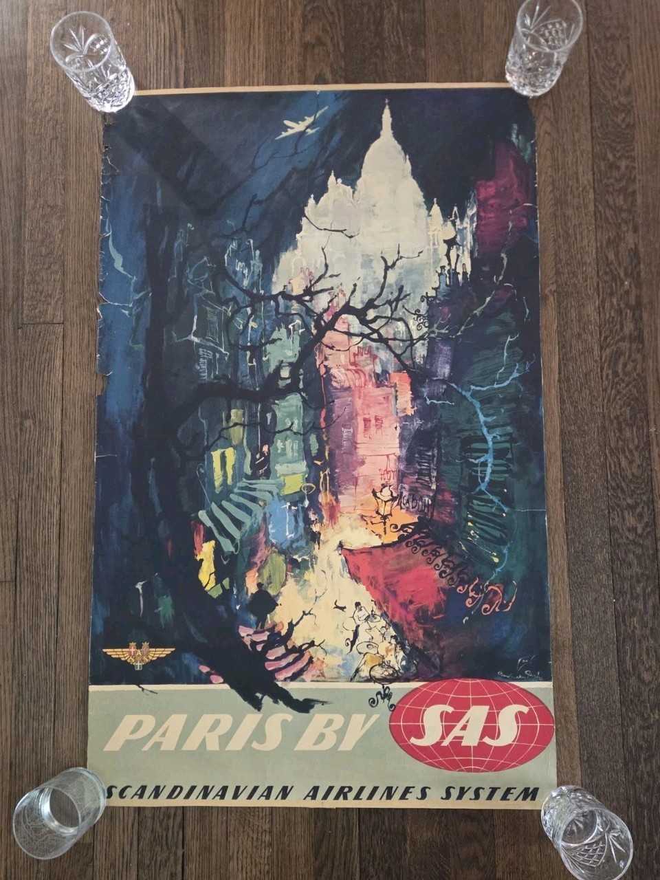Vintage 1950s Paris SAS 24x39 Airline Travel Poster by Otto Nielsen Original Vintage 1950s Paris SAS 24x39 Airline Travel Poster by Otto Nielsen Original