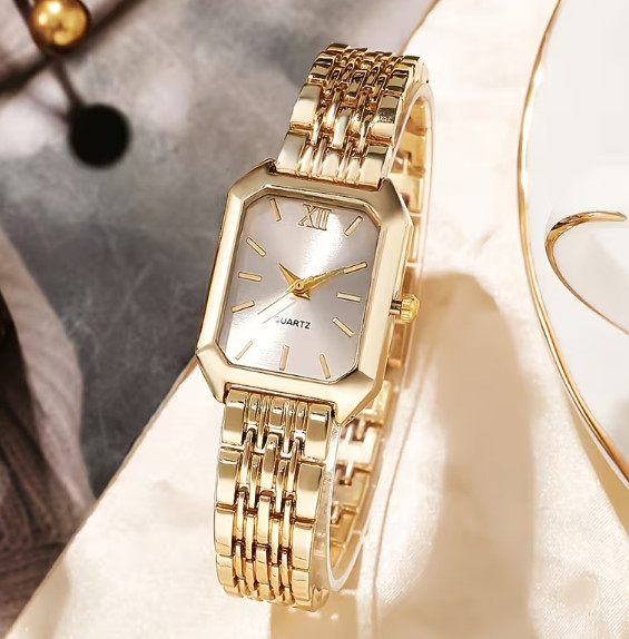 Women\'s Gold Stainless Steel Quartz Watch - Elegant Square Dial, Water Resistant