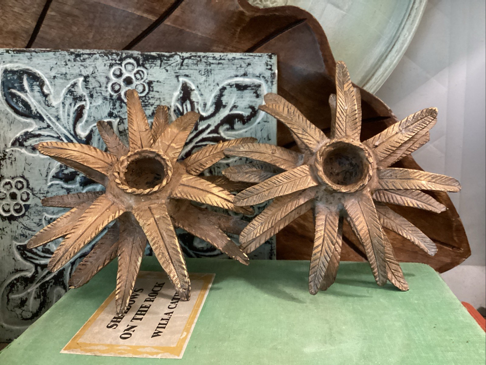 Vintage Style MCM Art Nouveau Metal Leaves Candlestick Floral Pair Shabby Chippy Vintage Style MCM Art Nouveau Metal Leaves Candlestick Floral Pair Shabby Chippy