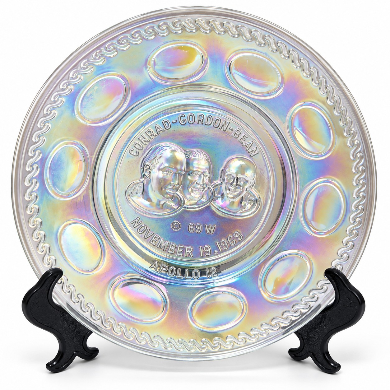 Vintage 1969 Wheaton Apollo 12 Carnival Glass Plate Clear Iridescent 8 Inch