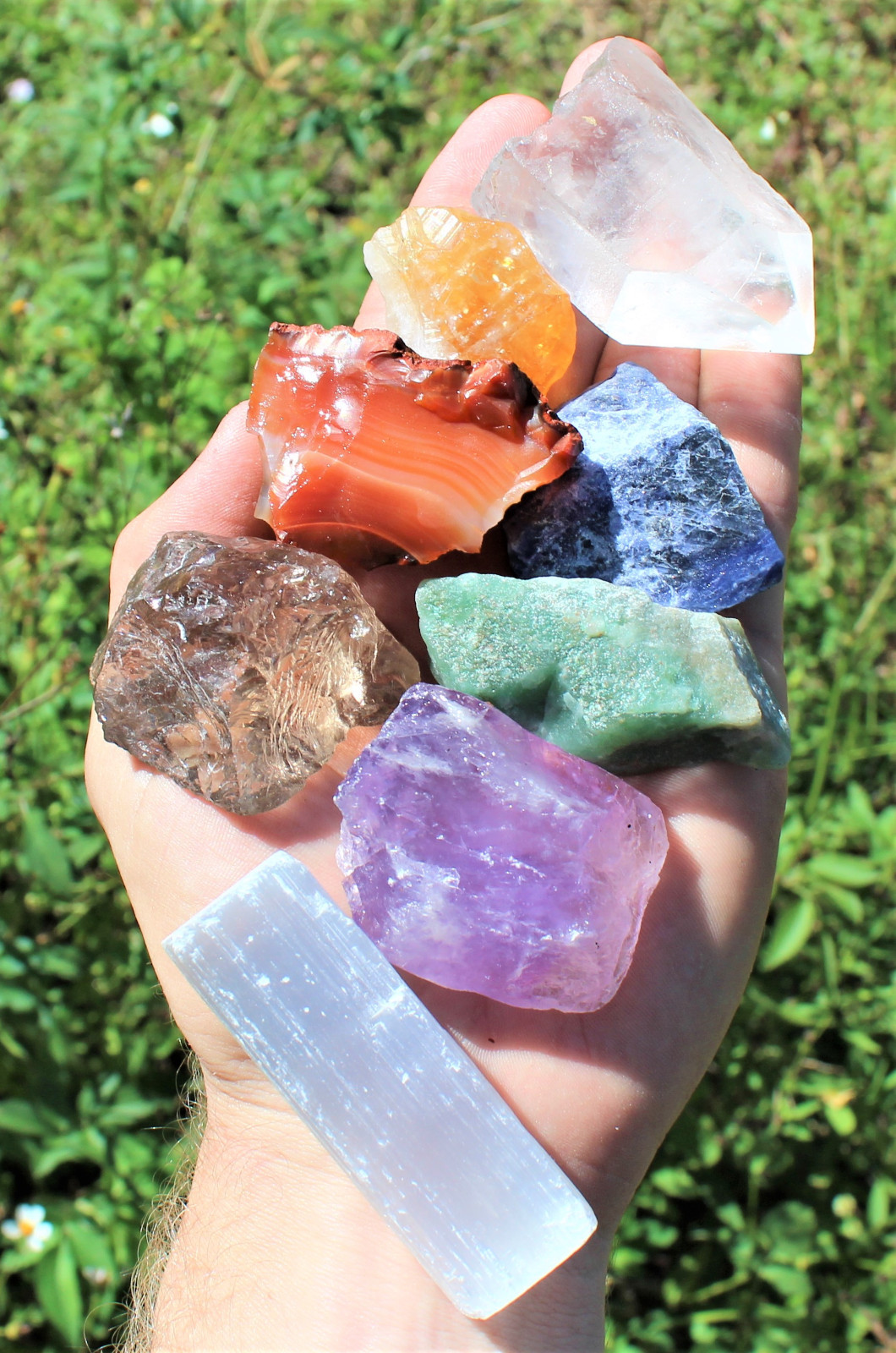 LARGE 7 Chakra Rough Stone Set - Seven Raw Stones, Selenite Stick & Directions LARGE 7 Chakra Rough Stone Set - Seven Raw Stones, Selenite Stick & Directions