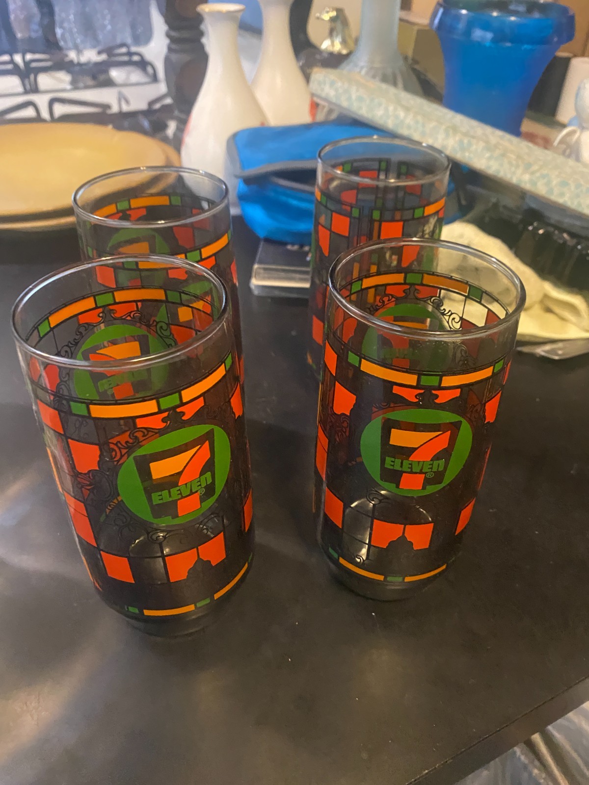 VTG 7-Eleven 1970’s Drinking Glasses Lot Of 4 Collectible Stain Glass Style VTG 7-Eleven 1970’s Drinking Glasses Lot Of 4 Collectible Stain Glass Style