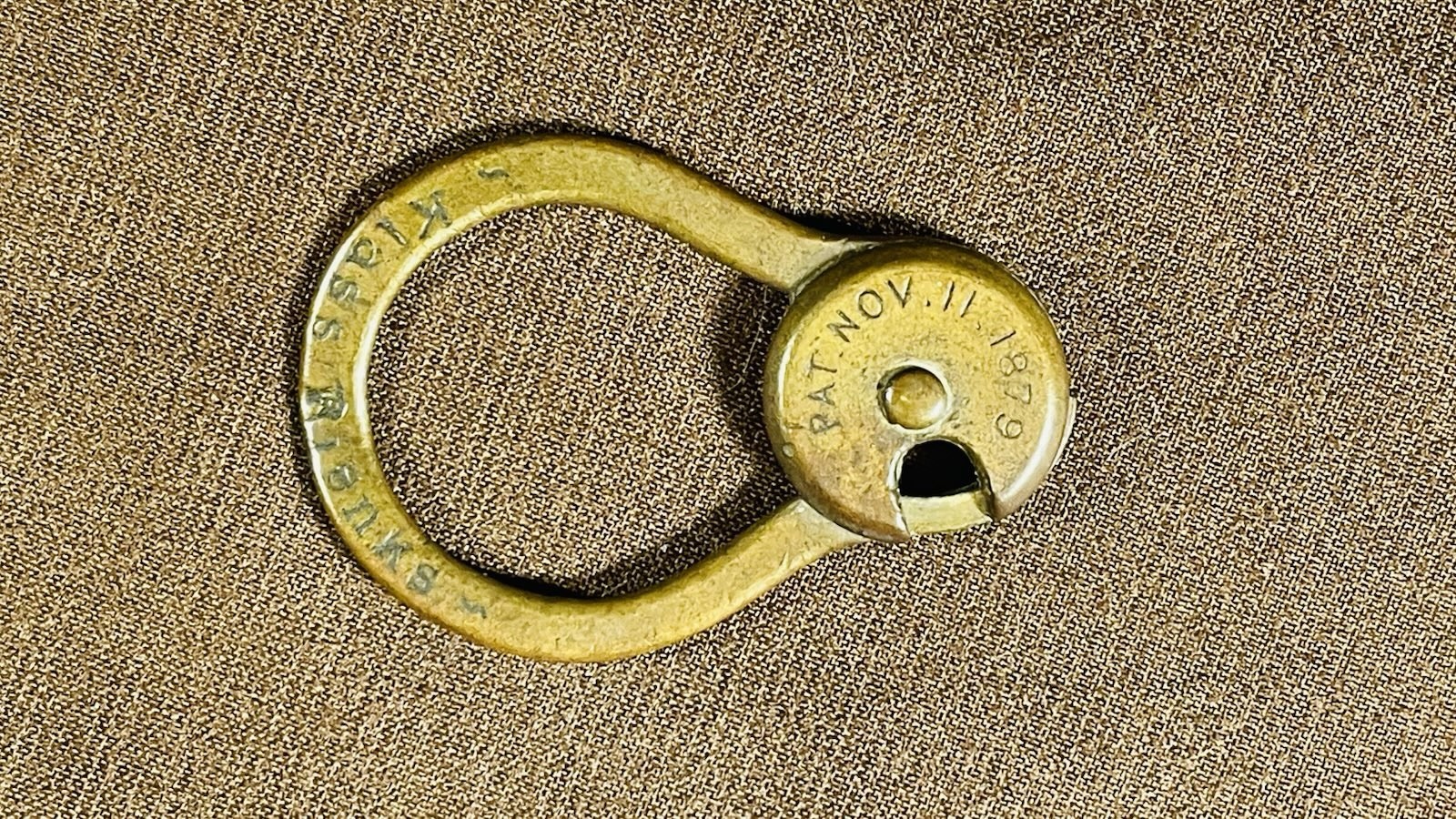 Antique PAT. NOV. 11, 1879 Bronze Klass Rienks Muskegon MI Trick Lock Key Ring