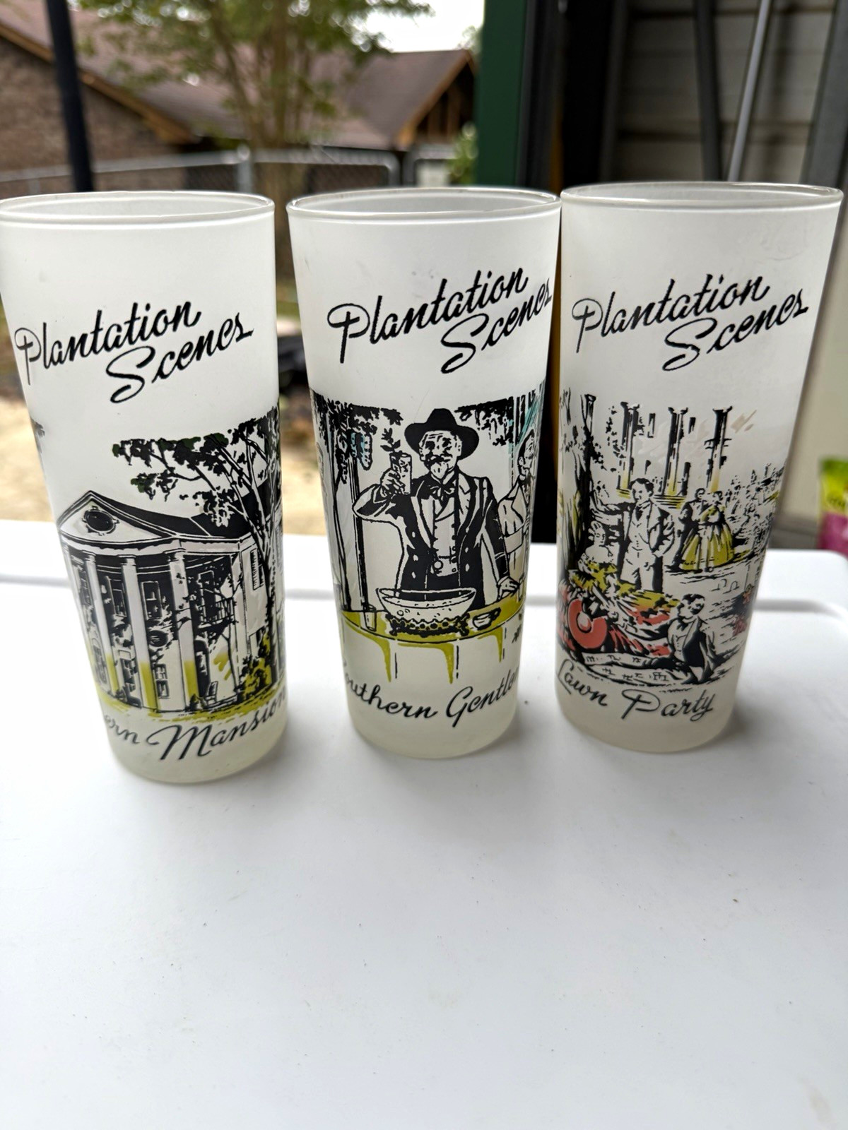 3 Vintage Libbey Plantation Scenes Frosted Highball Glasses 1940s Southern 3 Vintage Libbey Plantation Scenes Frosted Highball Glasses 1940s Southern