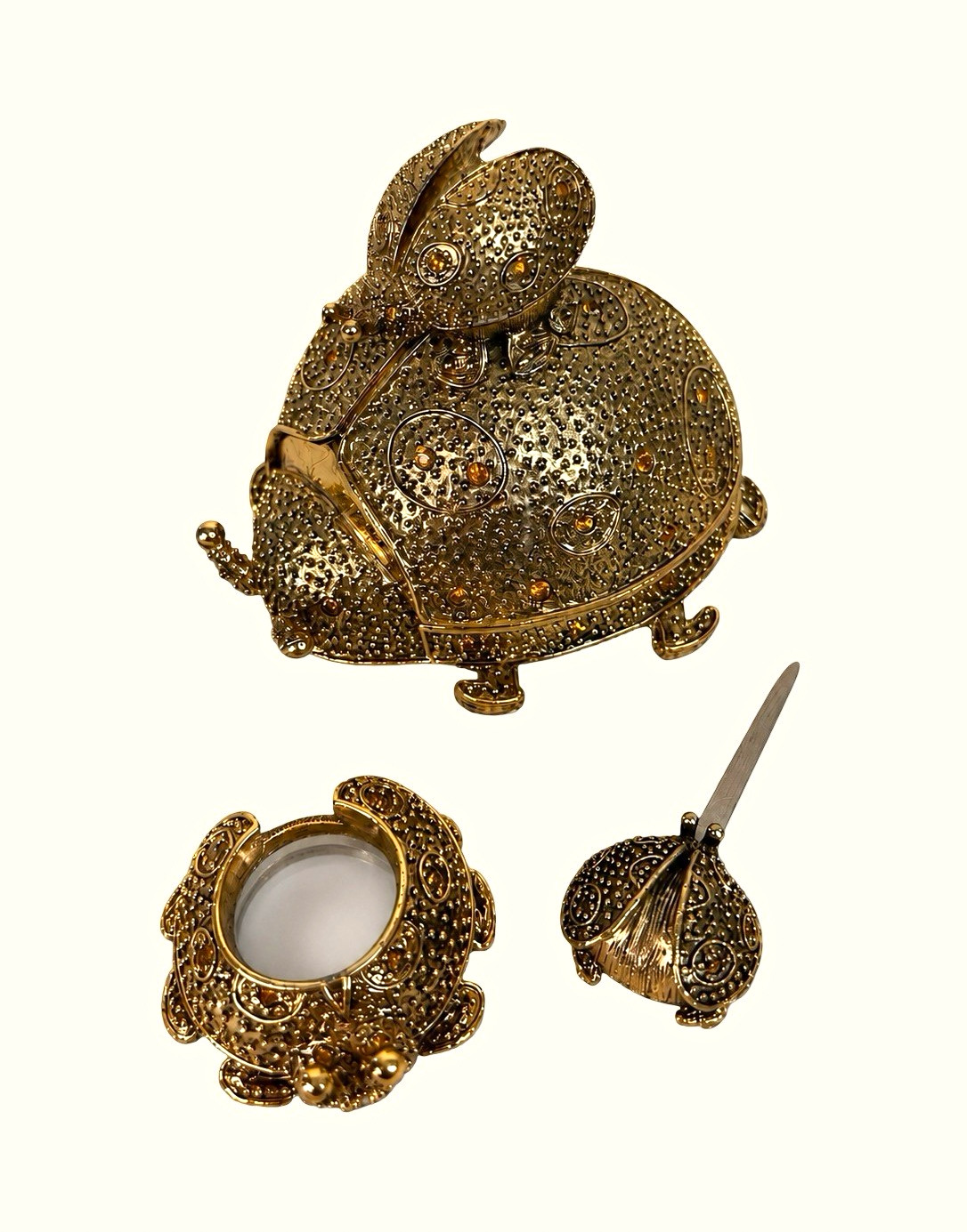 Vintage 3 Piece Lady Bug Desk Set Trinket Box Magnifying Glass Letter Opener 4” Vintage 3 Piece Lady Bug Desk Set Trinket Box Magnifying Glass Letter Opener 4”