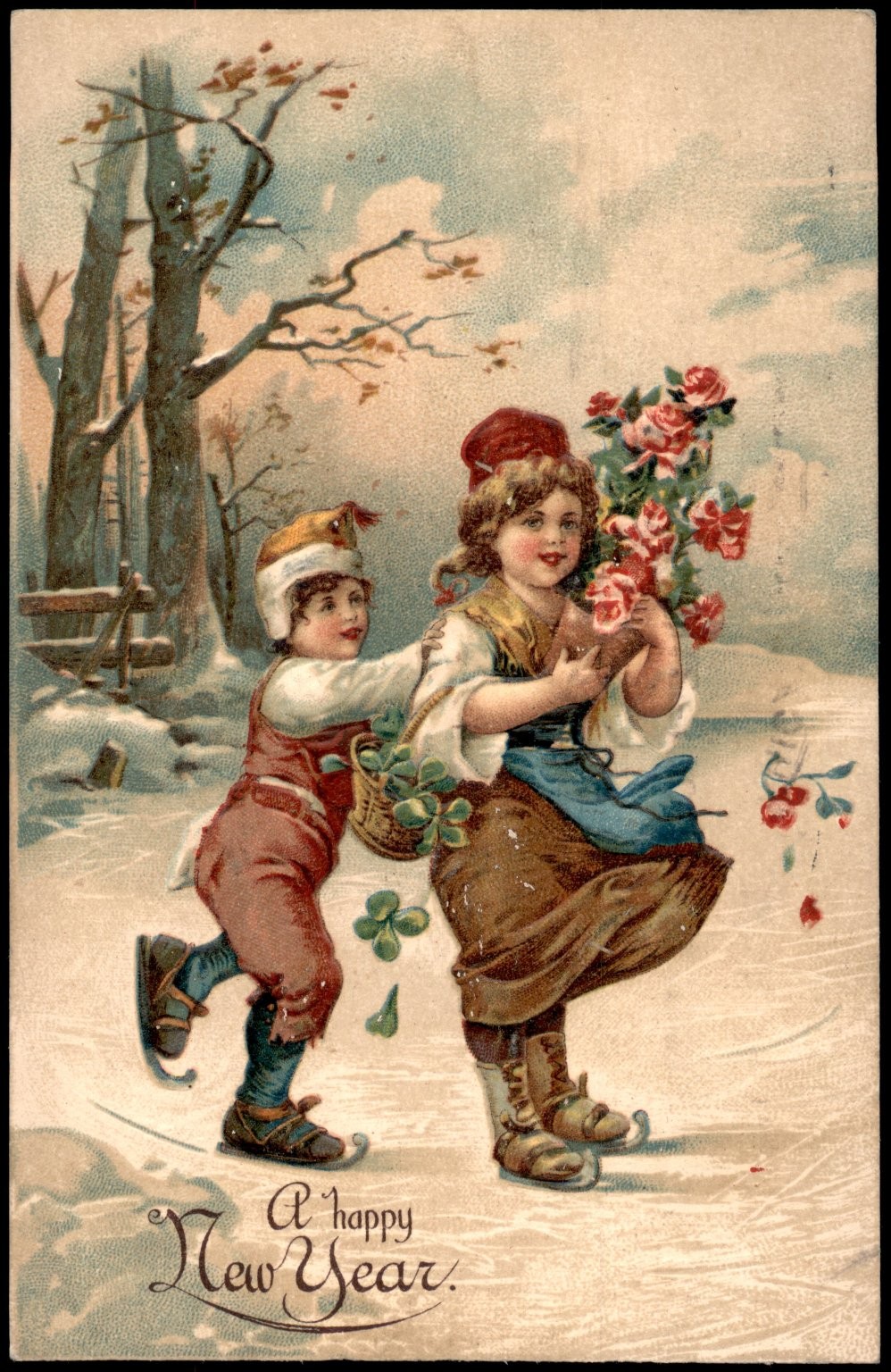 Antique New Year Postcard Children Ice Skating Roses Shamrocks Embossed German