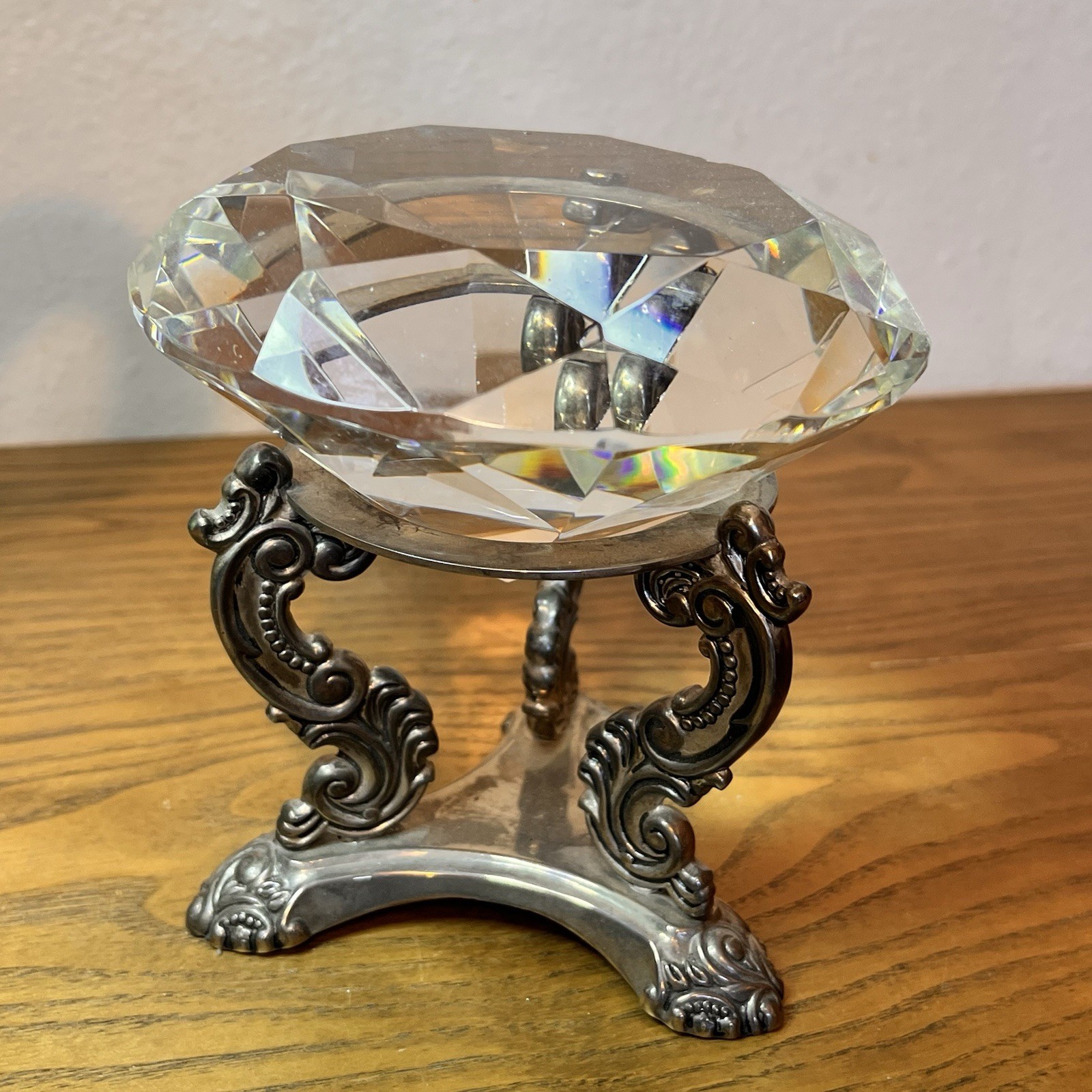 Vtg Large Crystal Diamond Paperweight & Stand Heavy Solid Multifaceted Vtg Large Crystal Diamond Paperweight & Stand Heavy Solid Multifaceted