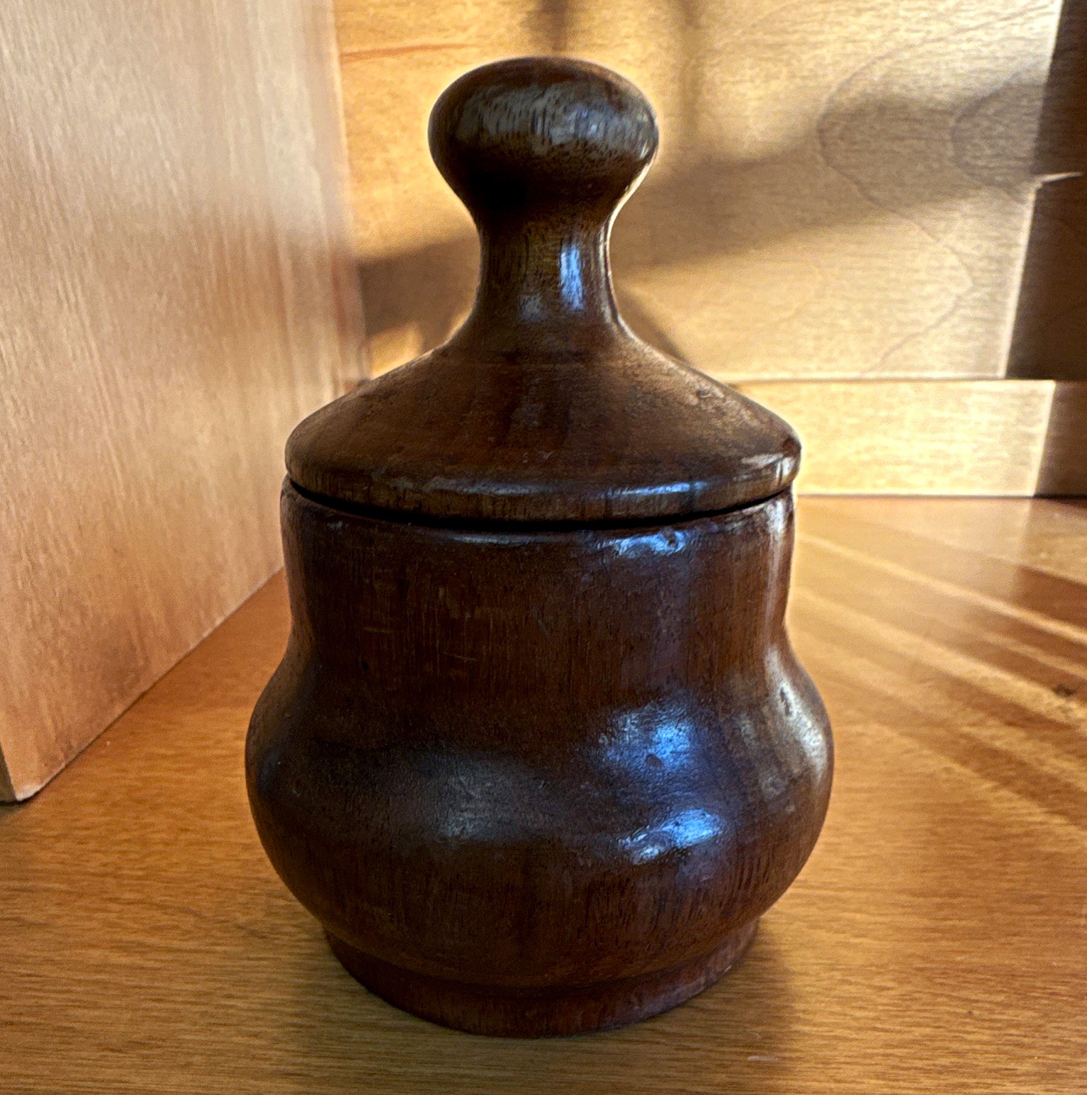 Vintage Hand-Turned Solid Black Walnut Lidded Trinket Box, Artisan Marked P
