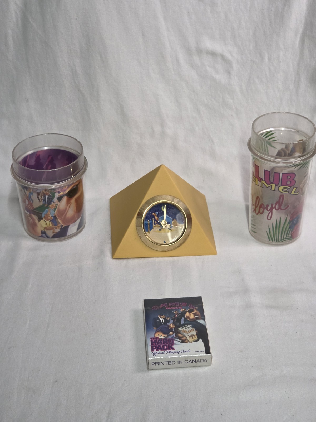 Camel Club Joe Camel Bundle- 2 Cups, Pyramid Alarm Clock, And Deck Of Cards Camel Club Joe Camel Bundle- 2 Cups, Pyramid Alarm Clock, And Deck Of Cards