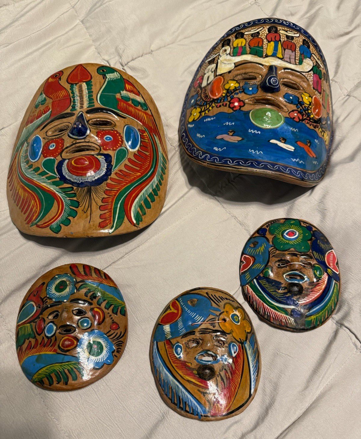 Vintage Handmade Mexican Folk Art Hand Painted Terracotta Clay Masks Wall Hangin Vintage Handmade Mexican Folk Art Hand Painted Terracotta Clay Masks Wall Hangin
