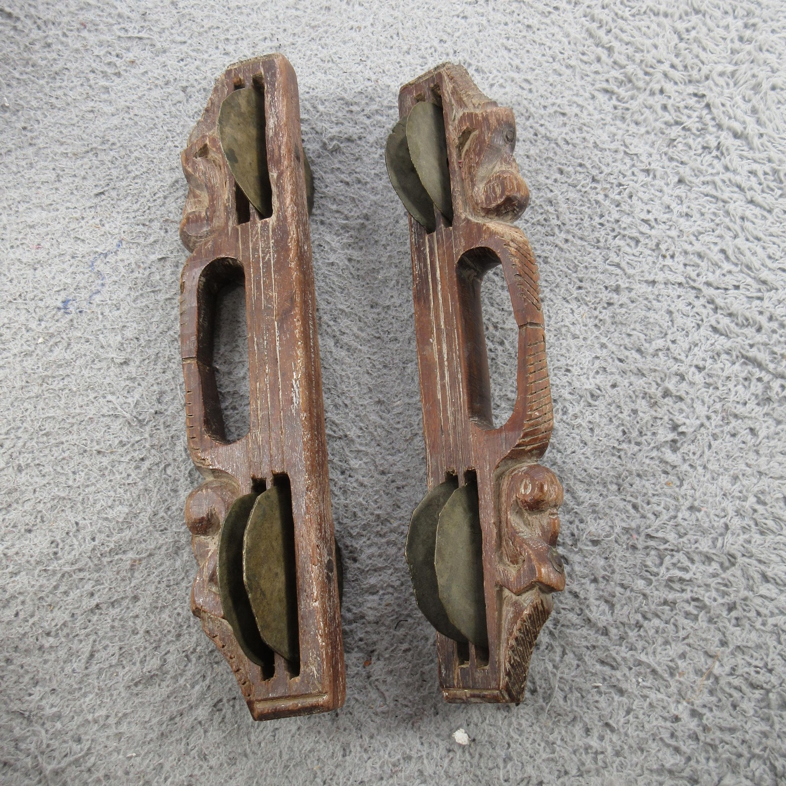 Vintage Wooden Brass Unique Shape Hand Playing Musical Instrument Old Antique