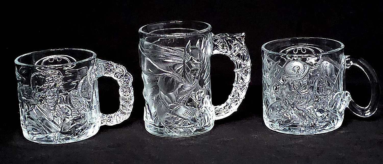 Vtg McDonalds BATMAN FOREVER 3D Glass Mugs 1995 Set 3 Cup Lot Two-Face & Riddler Vtg McDonalds BATMAN FOREVER 3D Glass Mugs 1995 Set 3 Cup Lot Two-Face & Riddler