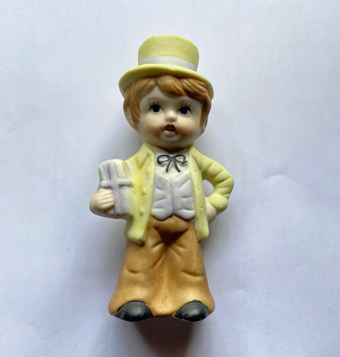 Vintage Porcelain Boy Figurine Yellow Top Hat & Jacket Brown Pants Marked Japan Vintage Porcelain Boy Figurine Yellow Top Hat & Jacket Brown Pants Marked Japan