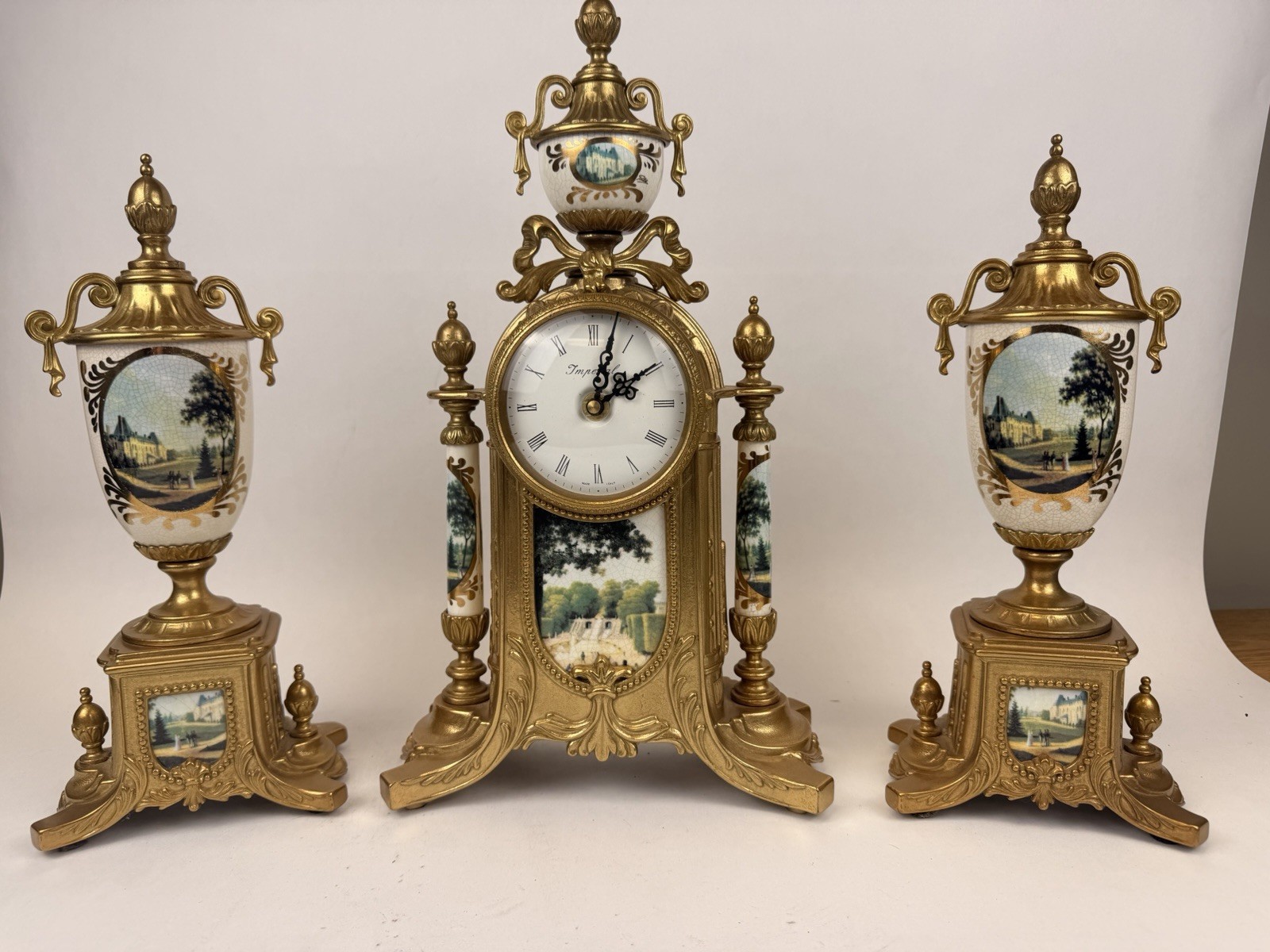 Vtg Italian Lancini Franz Hermle Brass Porcelain 3pc Mantel Clock Garniture Set Vtg Italian Lancini Franz Hermle Brass Porcelain 3pc Mantel Clock Garniture Set
