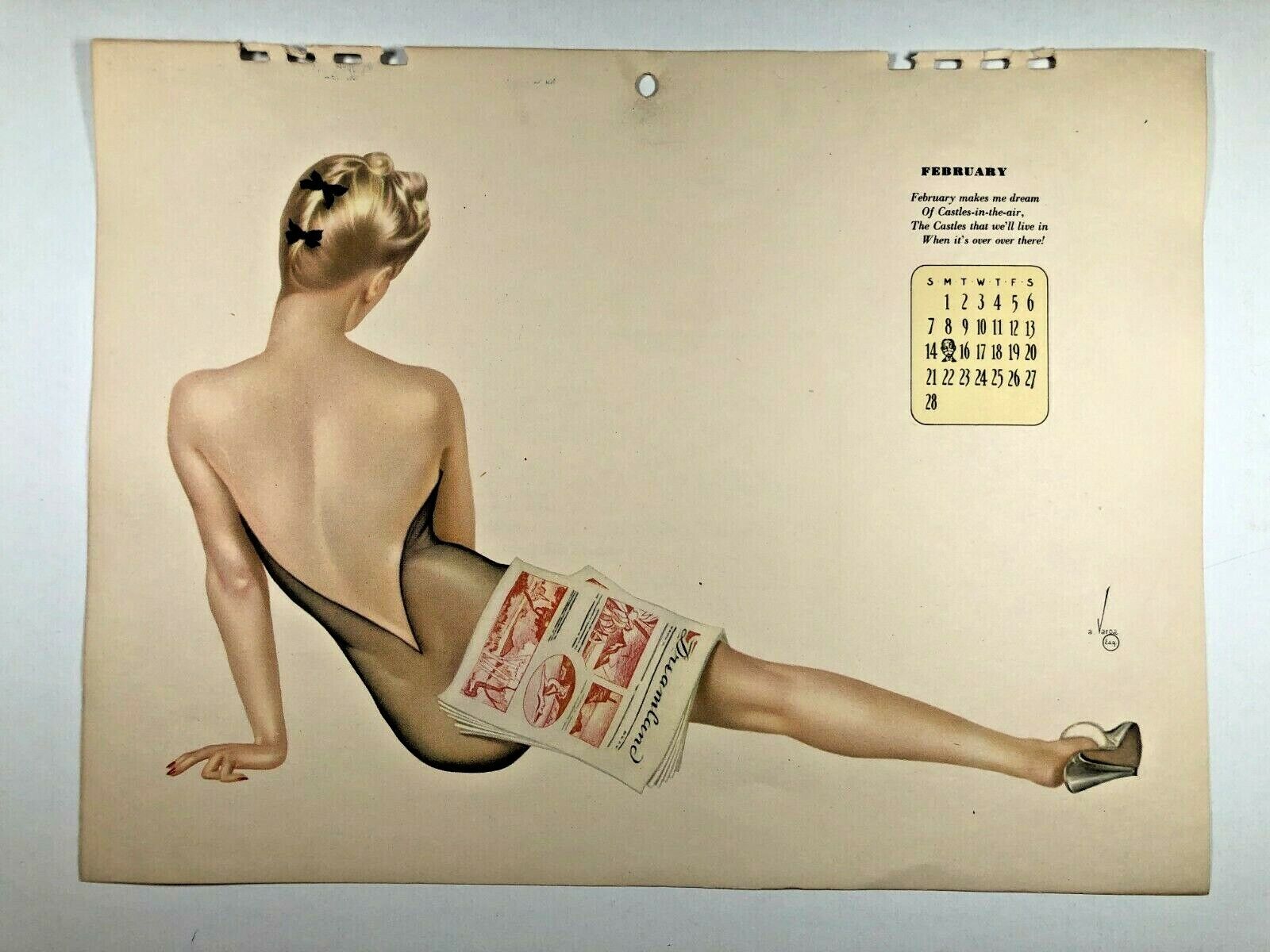 February 1943 Varga Pinup Girl Calendar Page Backside of Blond Woman  E