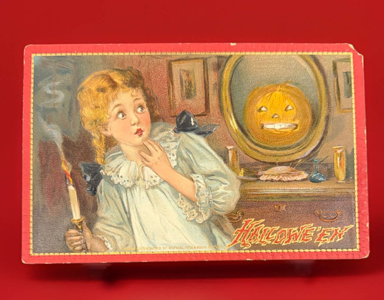 Vintage 1910 RAPHAEL TUCK Halloween Postcard Girl Sees Mirror Pumpkin Series 174