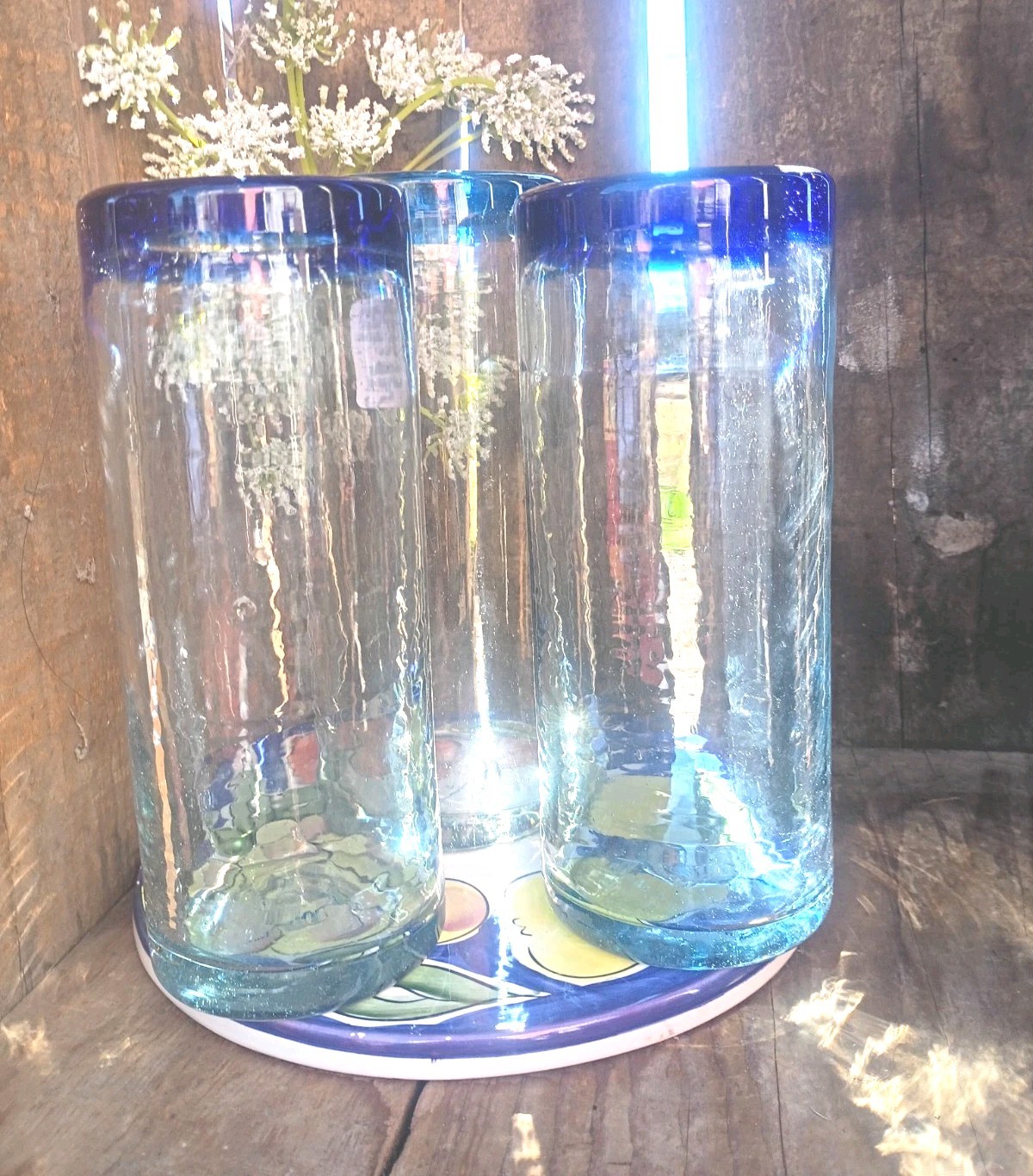 Vintage Thick Hand Blown Drinking Glasses, Clear w/ Colbolt Rim, Tall Cyl Vintage Thick Hand Blown Drinking Glasses, Clear w/ Colbolt Rim, Tall Cyl