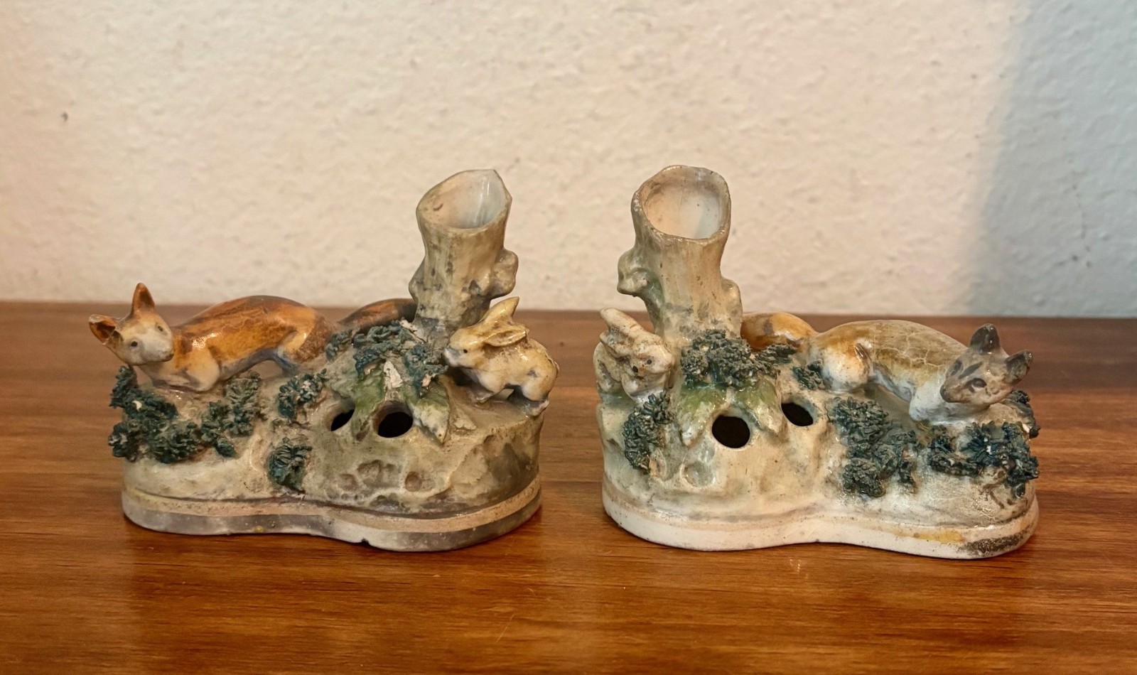 Pair Antique 19th c English Staffordshire Porcelain Spill Vases, FOX & HARE Pair Antique 19th c English Staffordshire Porcelain Spill Vases, FOX & HARE