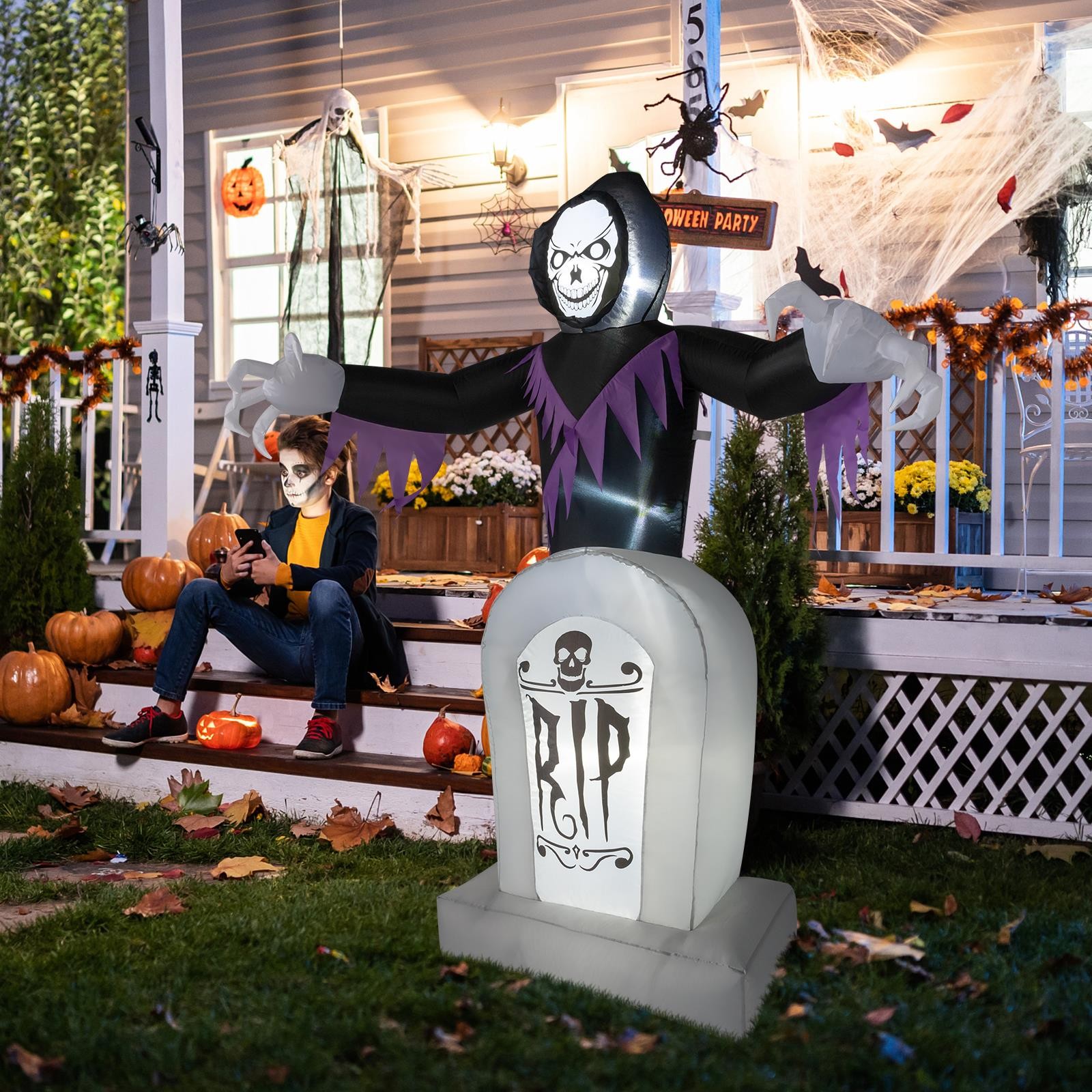 6FT Inflatable Halloween Grave & Grim Reaper Yard Blow Up Lighted Decorations