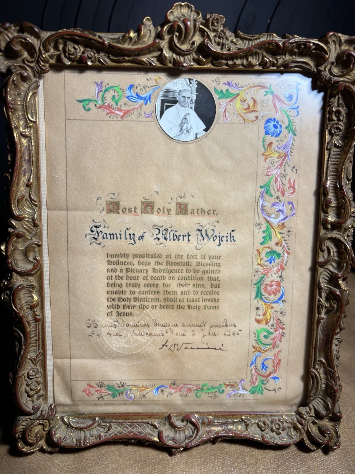 Vintage Vatican Framed Apostolic Blessing Pope Plenary Indulgence Albert Wojcik Vintage Vatican Framed Apostolic Blessing Pope Plenary Indulgence Albert Wojcik