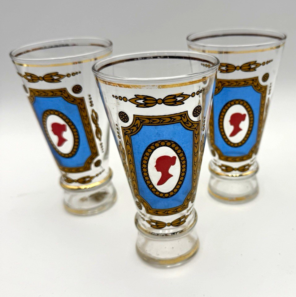 Vintage Cameo Cordial Glasses Set of 3 Blue Red Gold Gilt 5.5” Barware