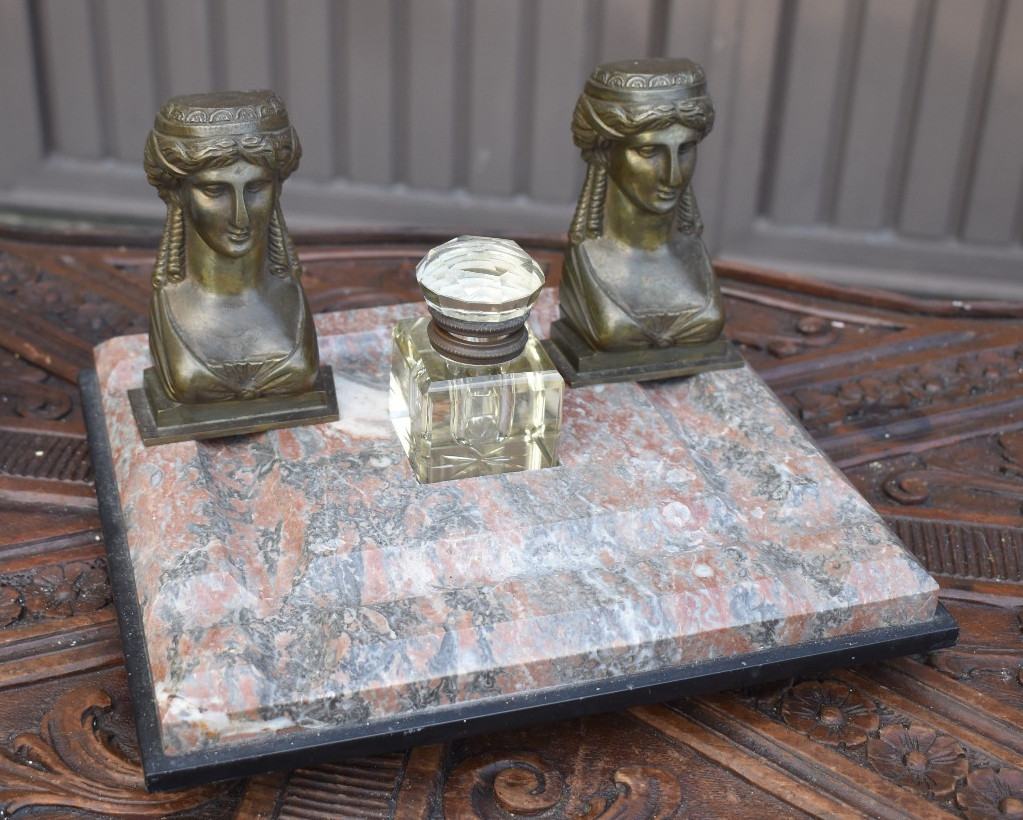 French antique empire marble & bronze caryatid lady statue inkwell desk French antique empire marble & bronze caryatid lady statue inkwell desk