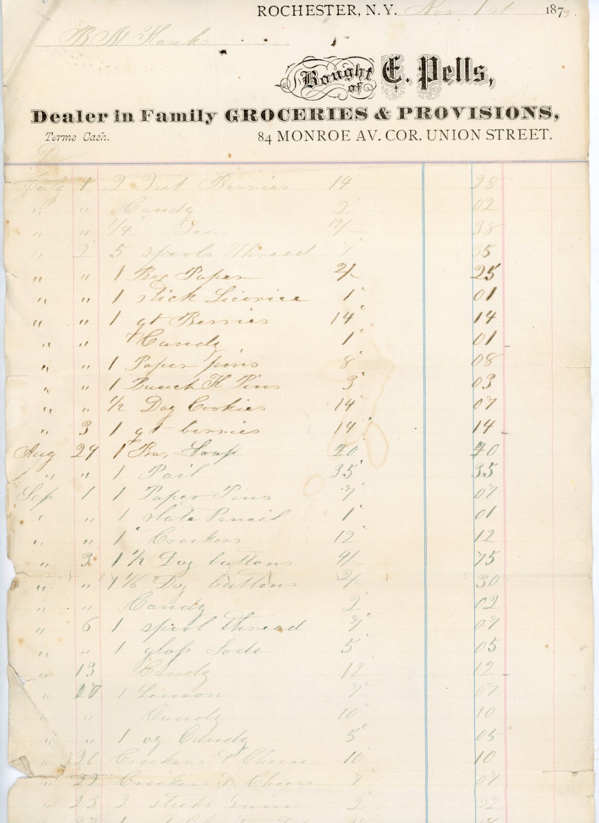 1870s Rochester NY Grocery Receipt E. Pells Provisions Monroe Ave Vintage 1870s Rochester NY Grocery Receipt E. Pells Provisions Monroe Ave Vintage