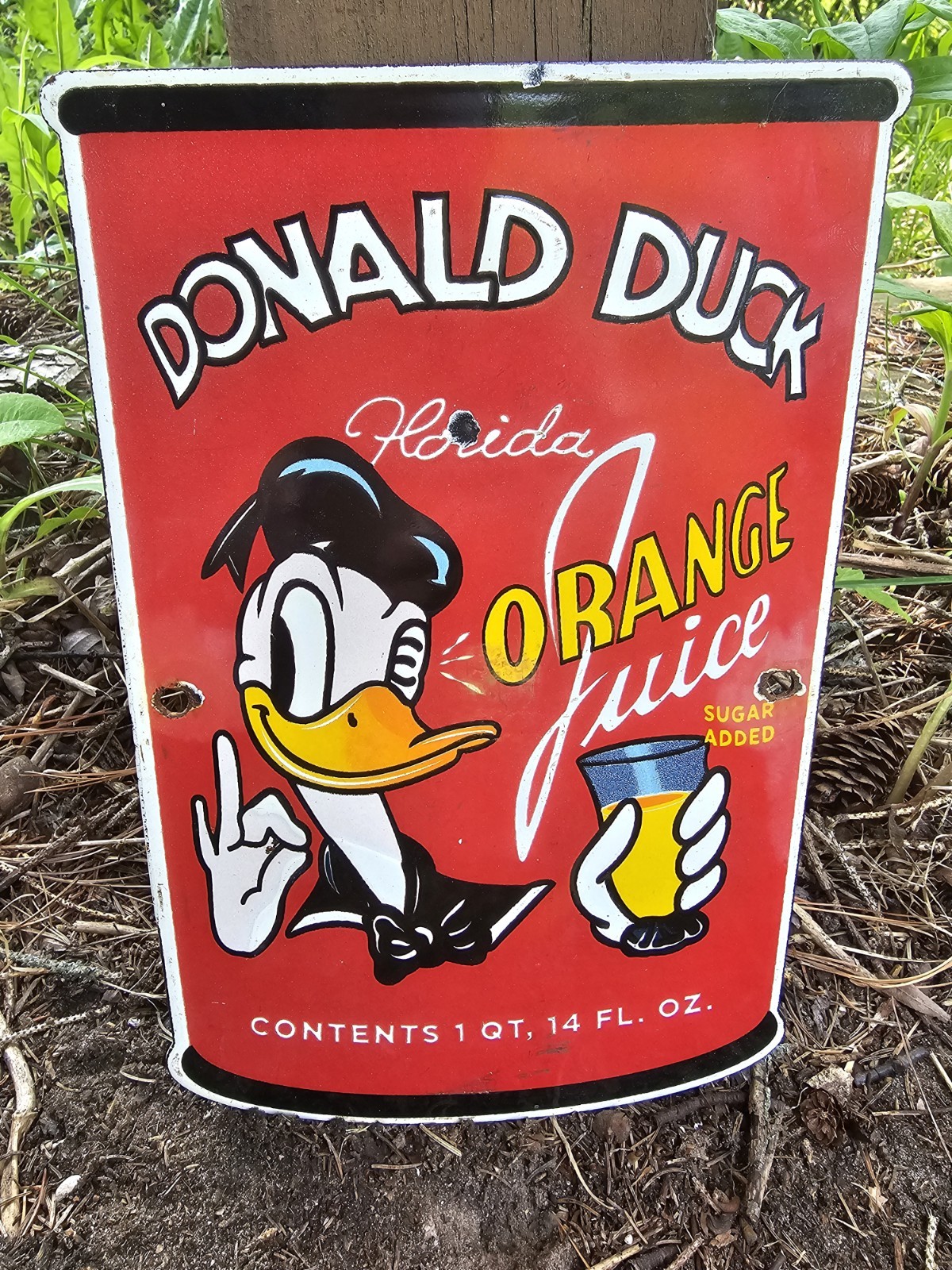 1950\'S VINTAGE DONALD DUCK ORANGE JUICE OIL GASOLINE SODA POP PORCELAIN SIGN 1950\'S VINTAGE DONALD DUCK ORANGE JUICE OIL GASOLINE SODA POP PORCELAIN SIGN