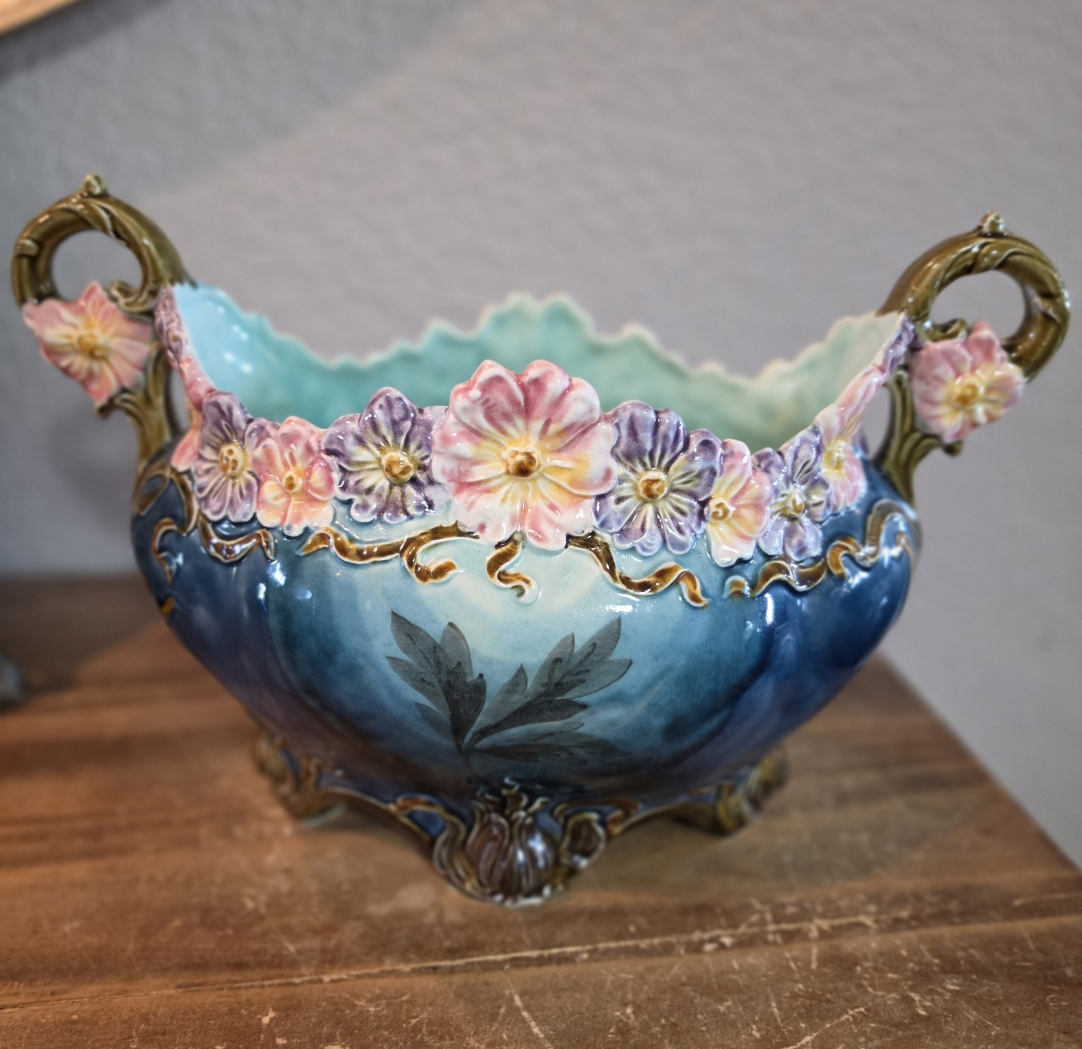 Antique 1890-1900 Art Nouveau Majolica Floral Jardiniere, Marked Antique 1890-1900 Art Nouveau Majolica Floral Jardiniere, Marked