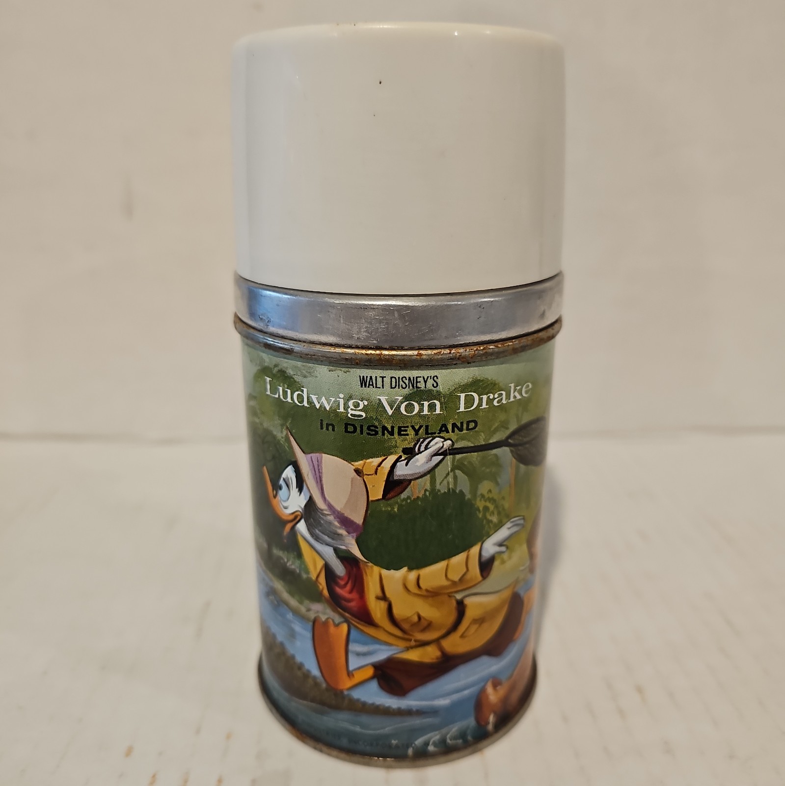 Vintage 1961 Walt Disney's Ludwig Von Drake Disneyland Thermos Aladdin White Cap