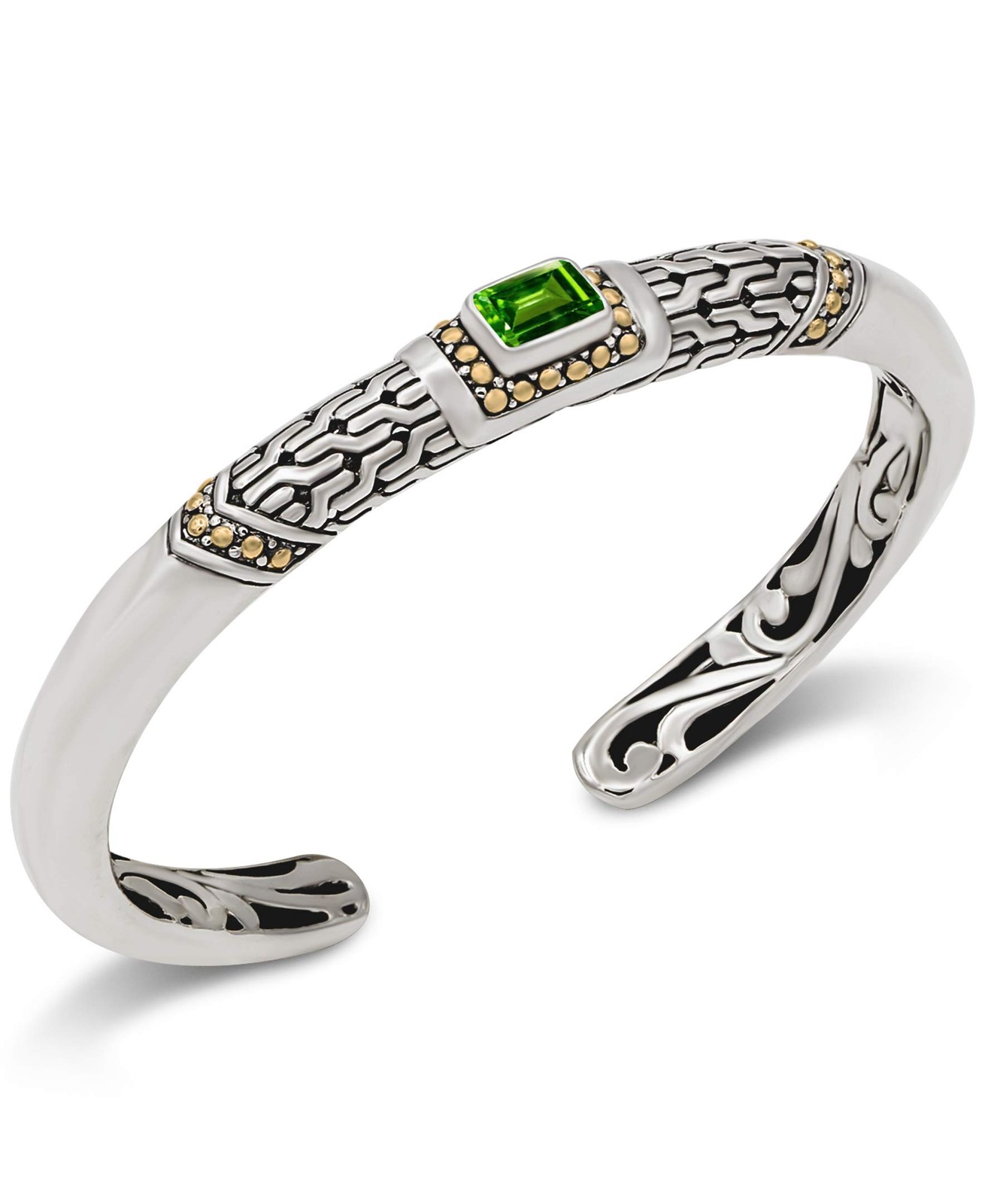 DEVATA Sterling Silver 925 Gold Peridot Birthstone Filigree Cuff Bracelet M