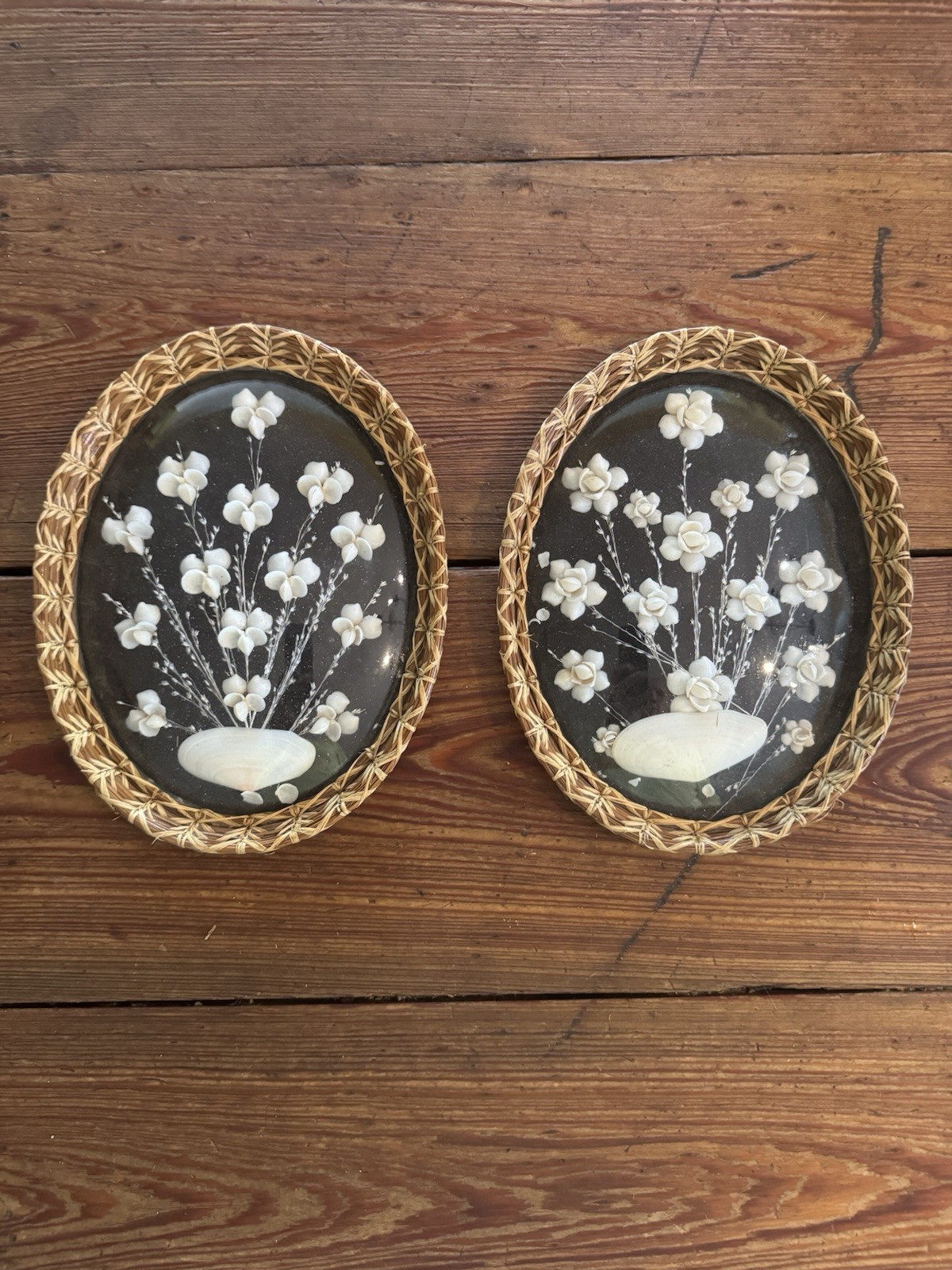 Pair of Antique 1940’s Florida Shell & Pine Needle Frame Floral Oval Pictures Pair of Antique 1940’s Florida Shell & Pine Needle Frame Floral Oval Pictures