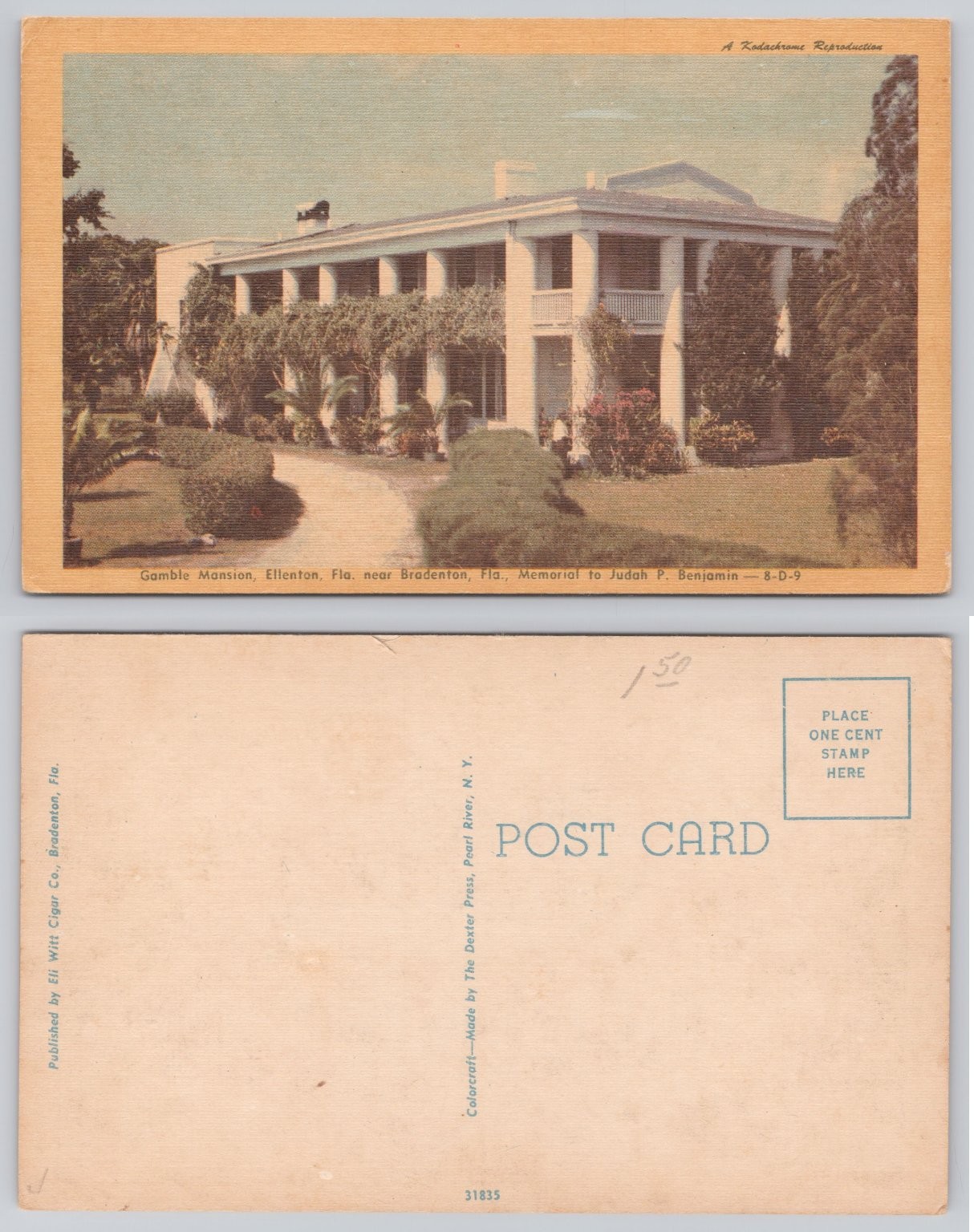 Vintage Linen Postcard Gamble Mansion Ellenton Bradenton FL Judah P. Benjamin