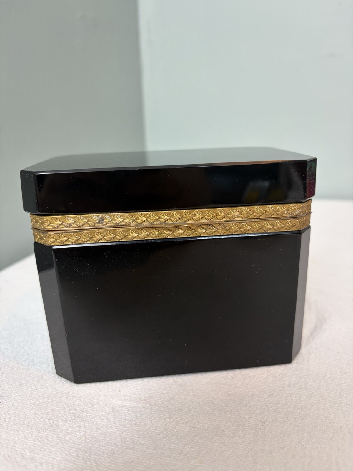 Antique 19th Century VTG Black Opaline Glass Trinket Box Trim Antique 19th Century VTG Black Opaline Glass Trinket Box Trim