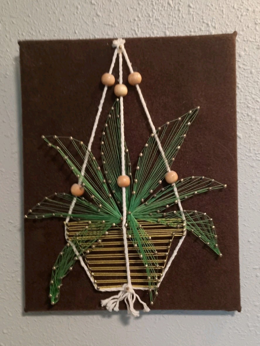 Vtg MCM Hanging Plant Basket String Art Wood Wall Decor 8 Vtg MCM Hanging Plant Basket String Art Wood Wall Decor 8