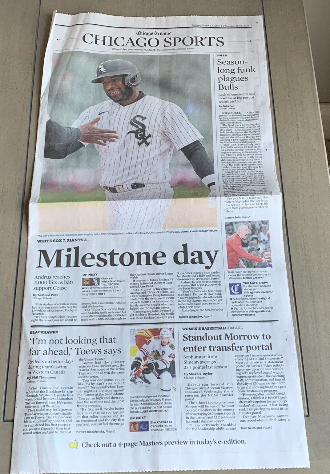 Elvis Andrus 2,000 Hits Chicago White Sox - Chicago Tribune - April 6, 2023