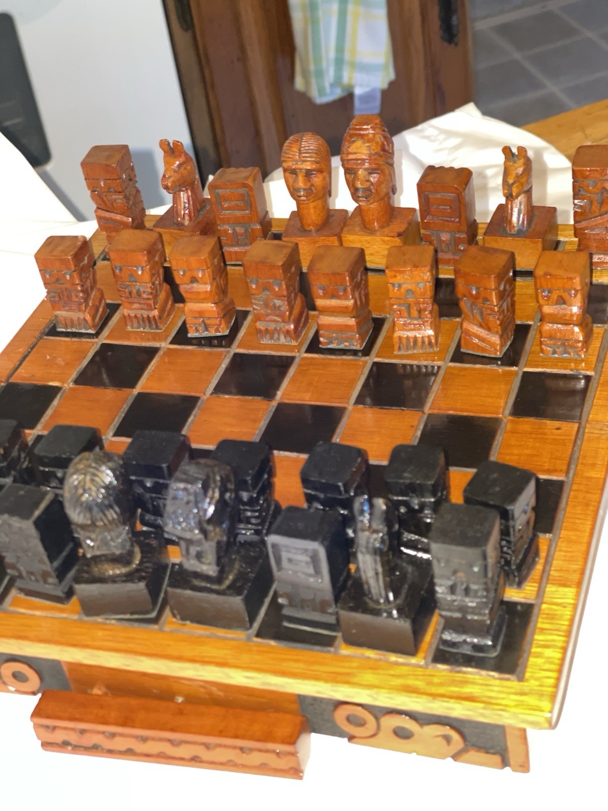 Nice RARE VTG Carved Wood Chess Set Aztec 10” Folding Board Case John Clifford Nice RARE VTG Carved Wood Chess Set Aztec 10” Folding Board Case John Clifford