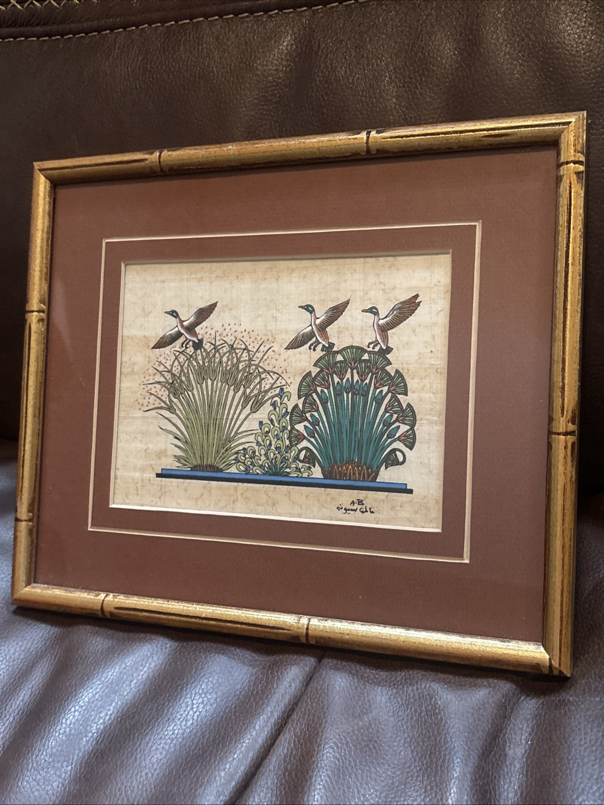 Vintage Egyptian Papyrus Painting Ducks Nile Marshes Pharaohs Papyrus Giza