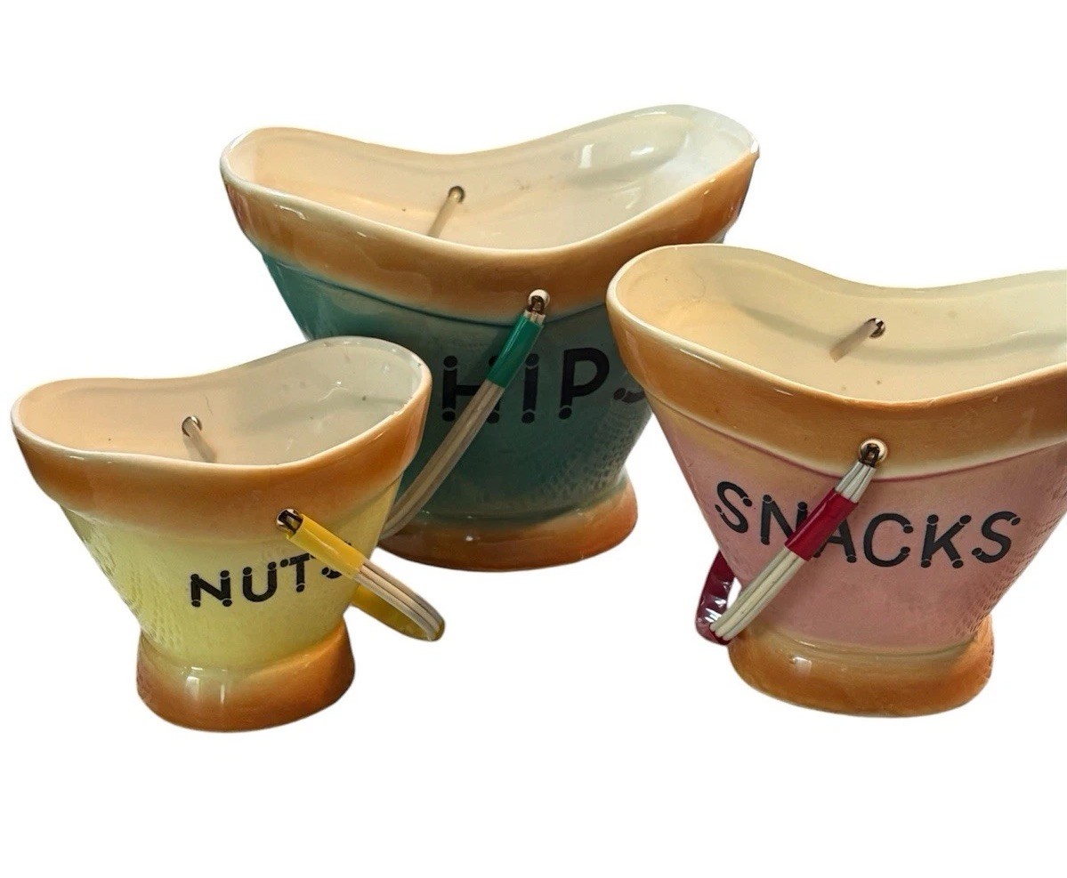RARE 1950s/1960s Atomic COLORS Handled 3 NESTING BAR Pails Atomic Lettering RARE 1950s/1960s Atomic COLORS Handled 3 NESTING BAR Pails Atomic Lettering
