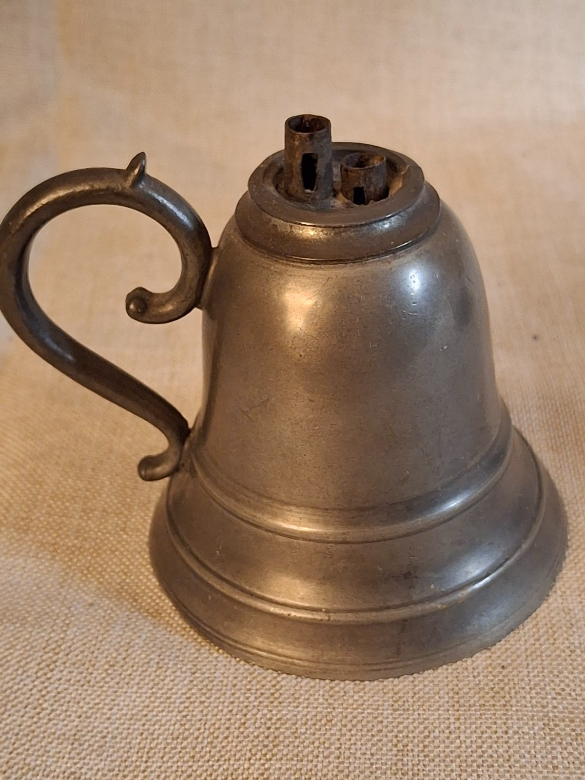 Antique Pewter Bell Whale Oil Lamp Double Tube Burner Scroll Handle c. 1830s