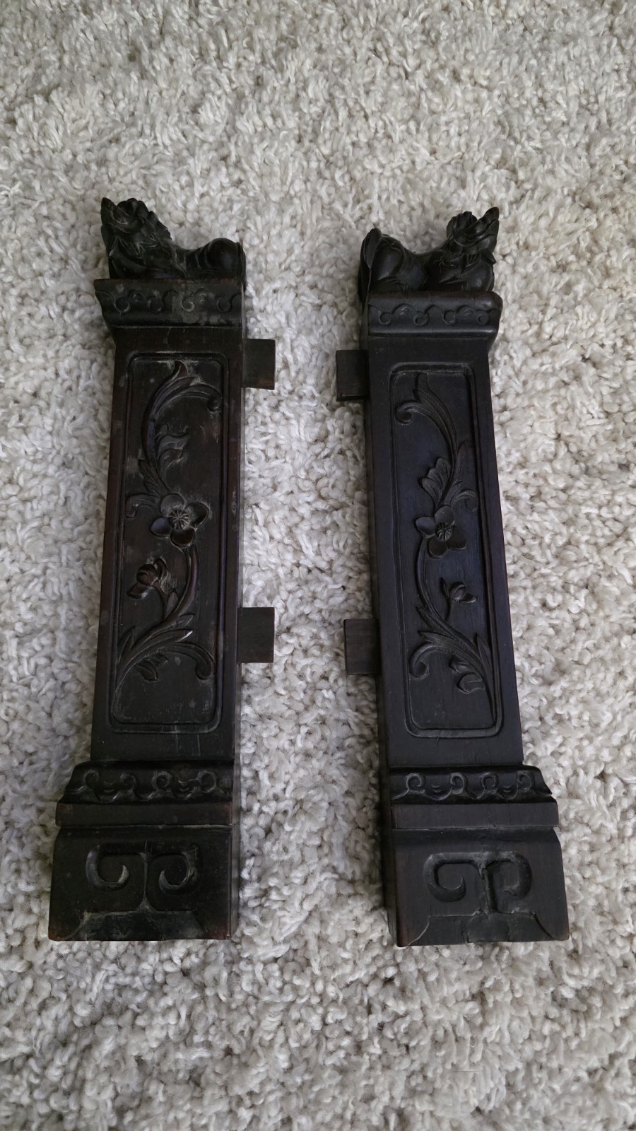 Pair Vintage Chinese Style Carved Wood Foo Dog Architectural Panels 13\ Pair Vintage Chinese Style Carved Wood Foo Dog Architectural Panels 13\